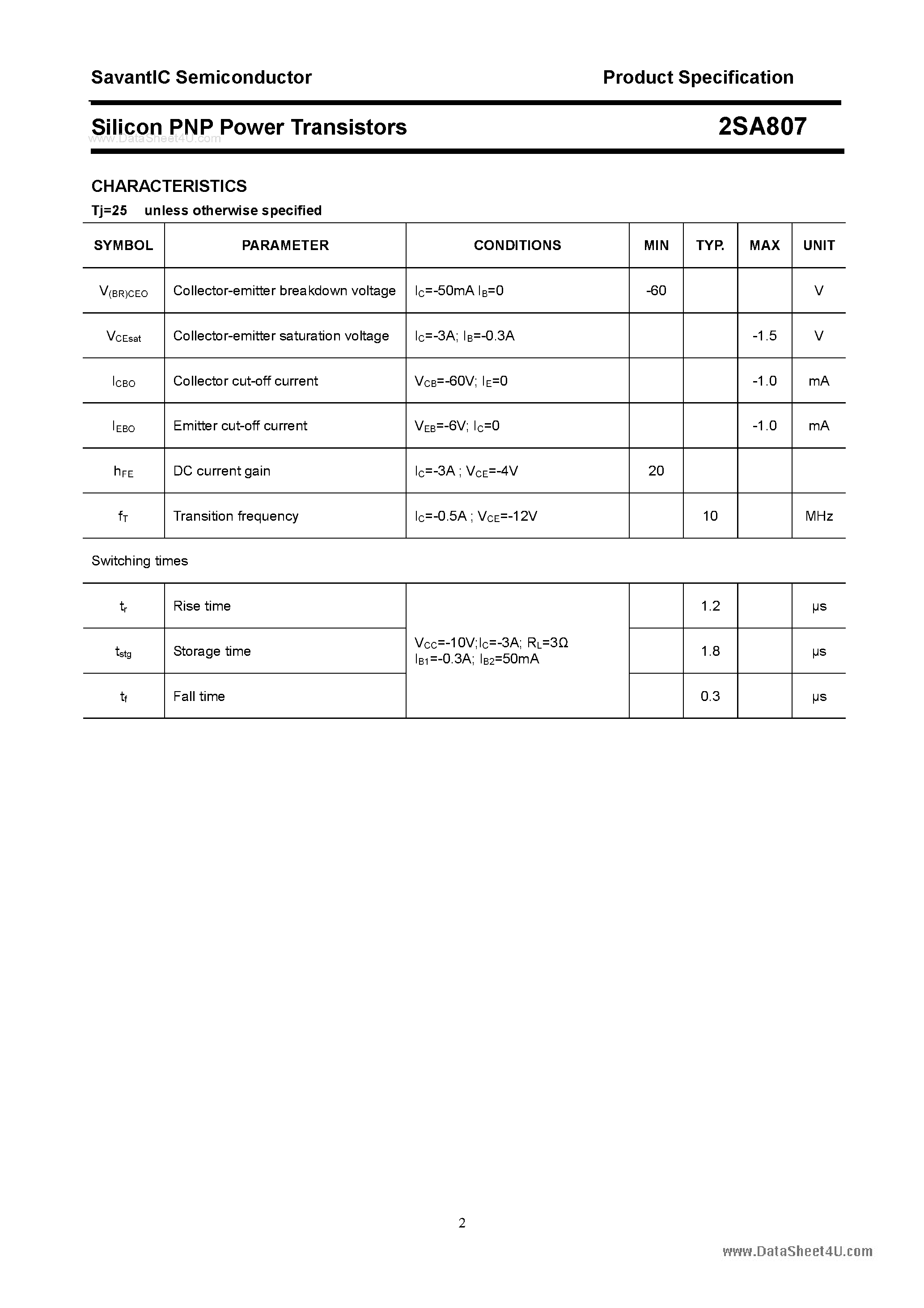 Datasheet 2SA807 - Silicon POwer Transistors page 2