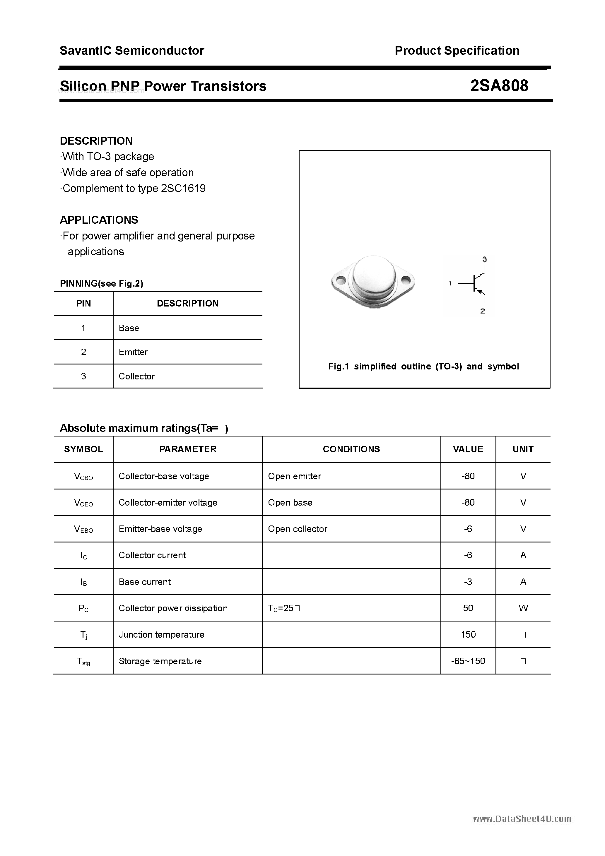 Datasheet 2SA808 page 1 Datasheet 2SA808 - Silicon POwer Transistors page 1