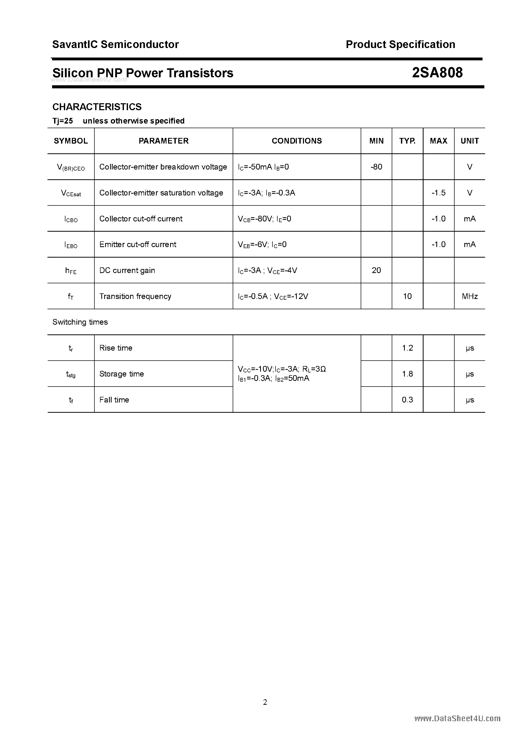 Datasheet 2SA808 page 2 Datasheet 2SA808 - Silicon POwer Transistors page 2