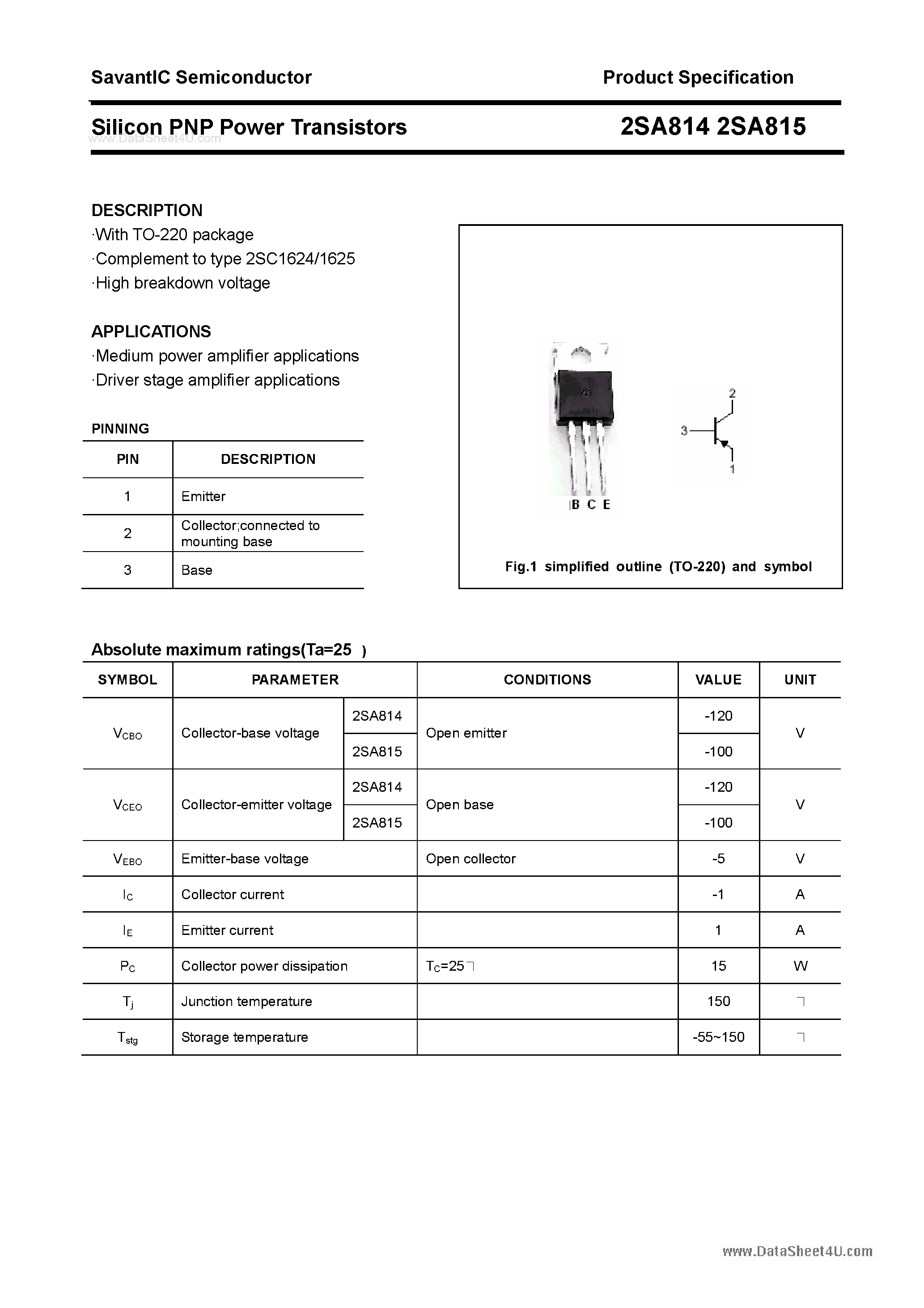 Даташит на микросхему 2SA814 страница 1 Даташит 2SA814 - (2SA814 / 2SA815) Silicon POwer Transistors страница 1