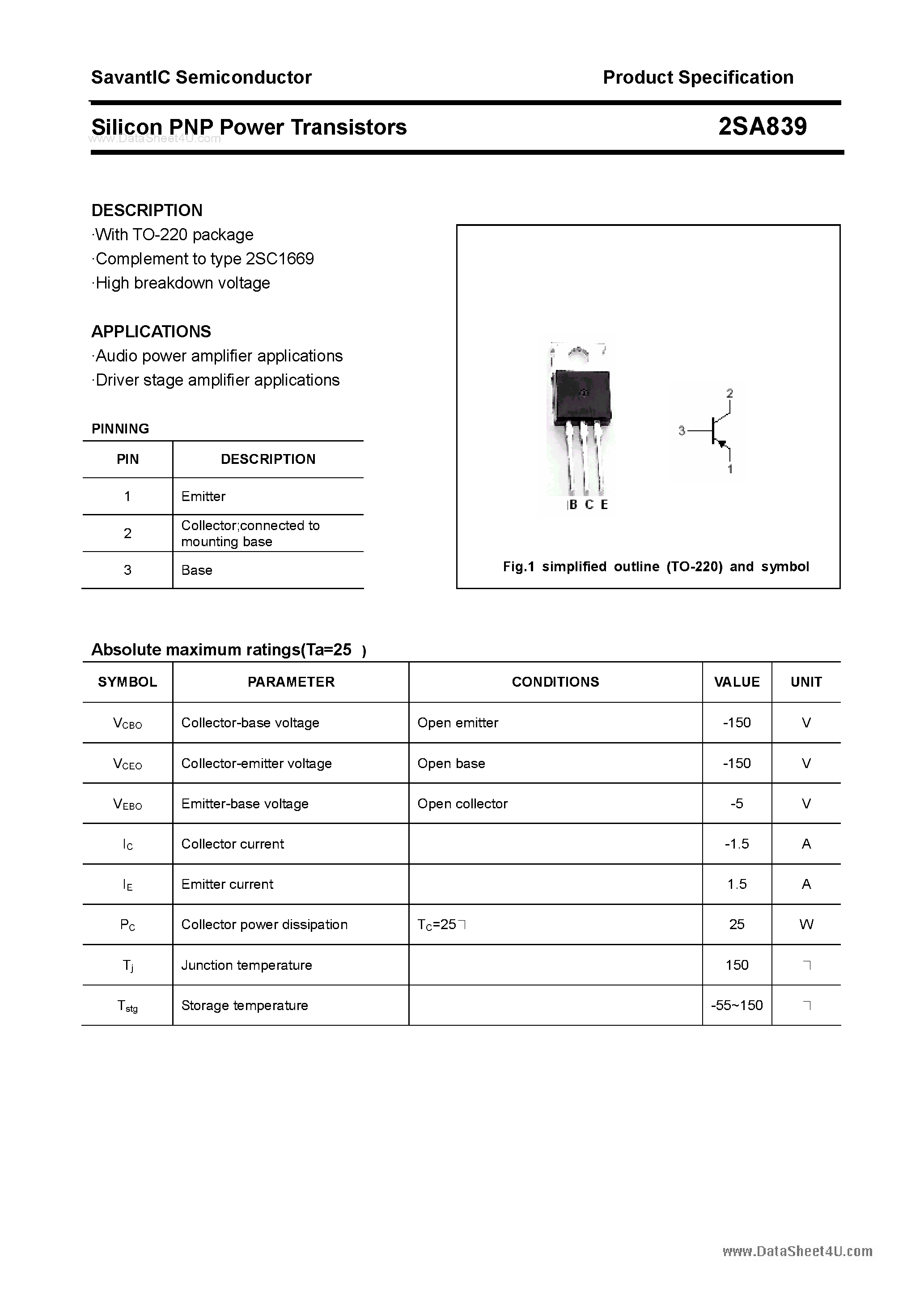Datasheet 2SA839 - Silicon POwer Transistors page 1