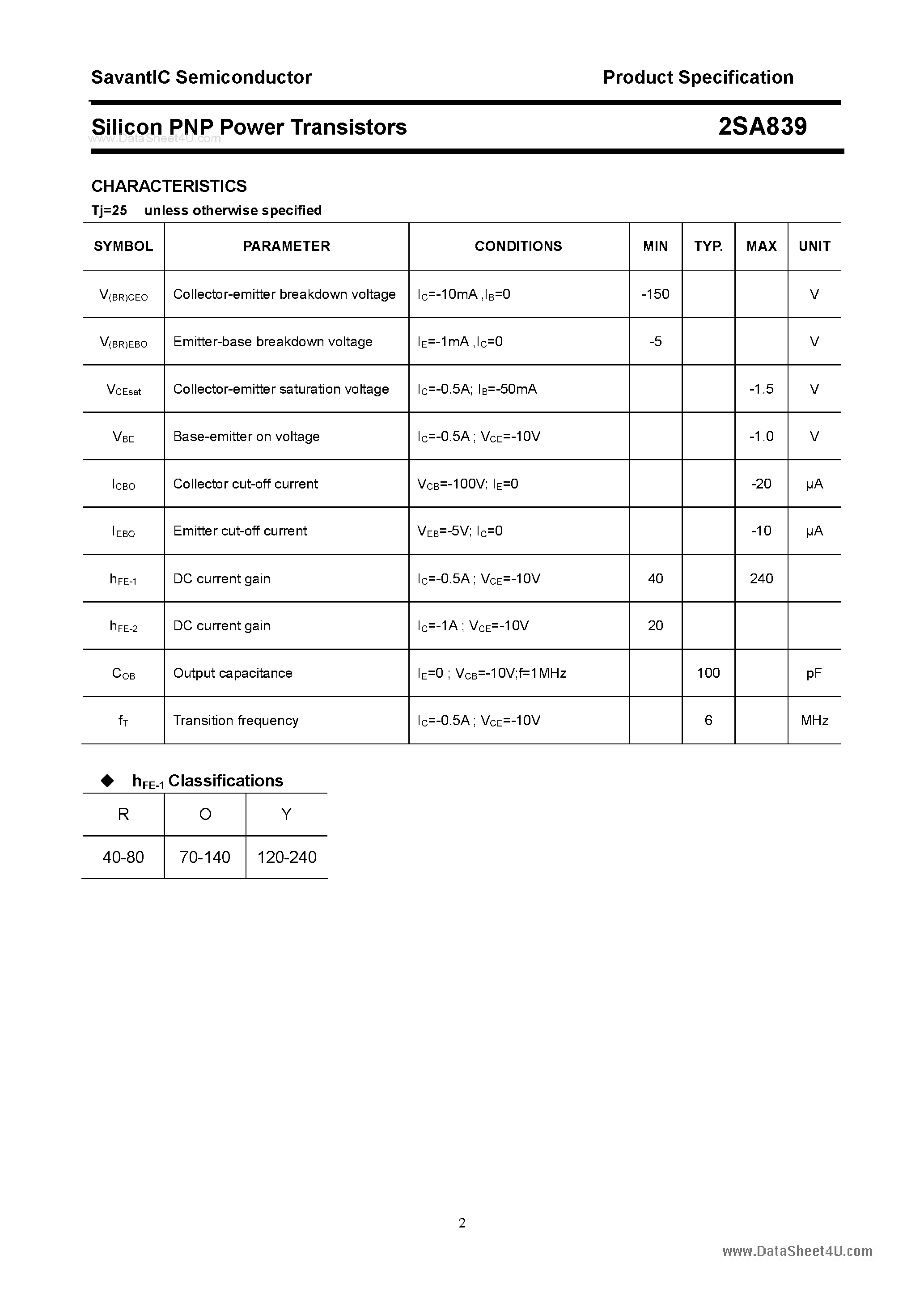 Datasheet 2SA839 - Silicon POwer Transistors page 2