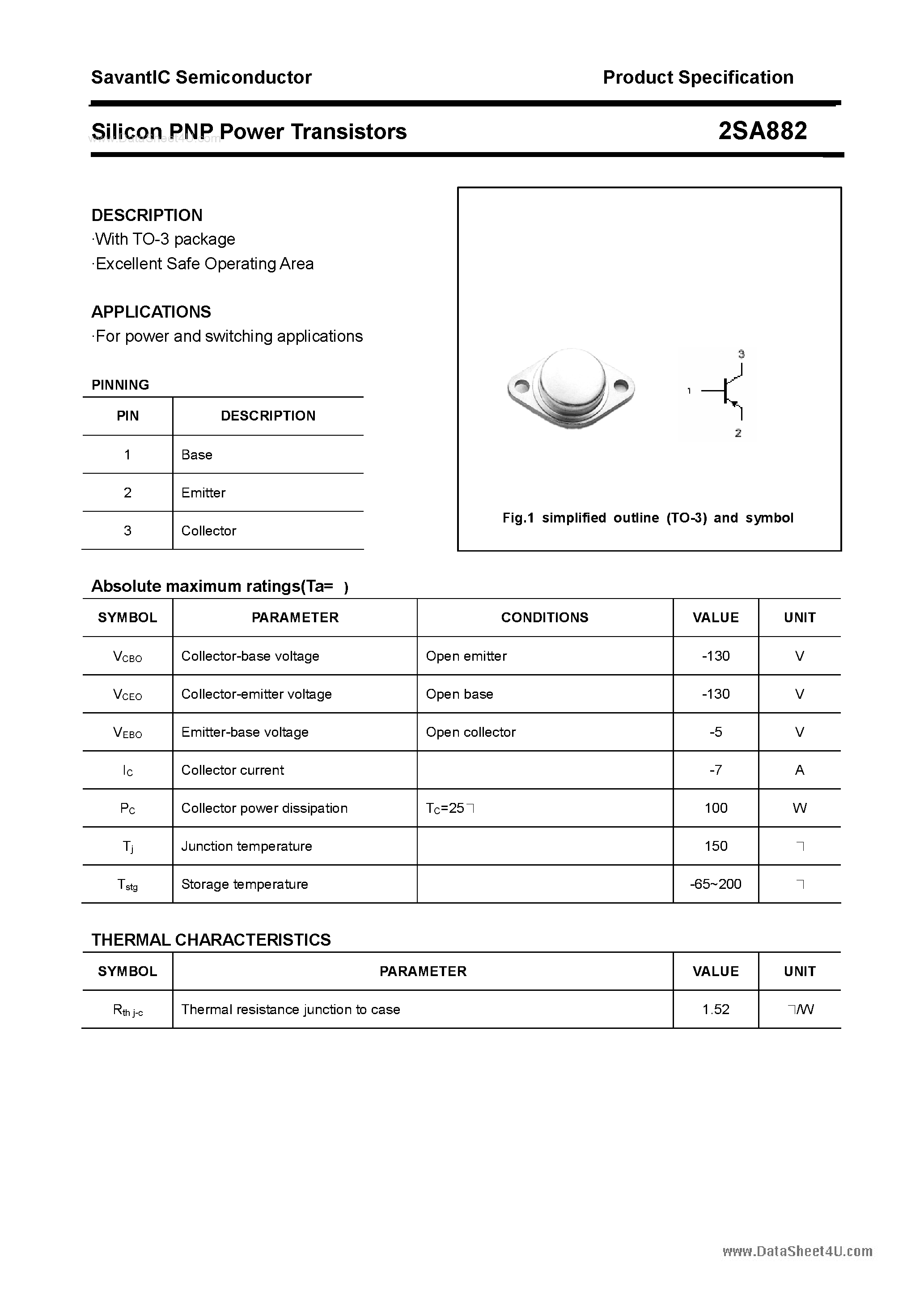 Datasheet 2SA882 - Silicon POwer Transistors page 1