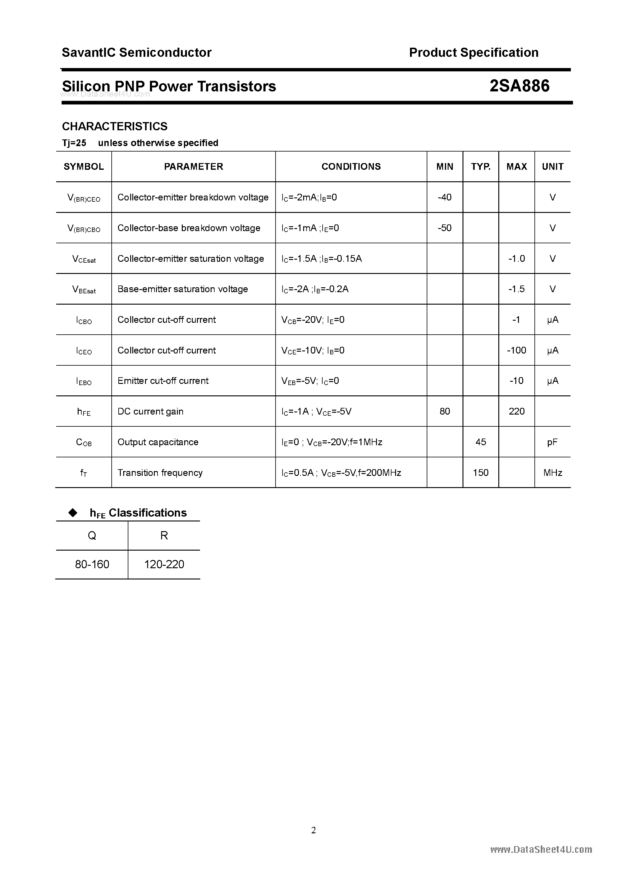 Datasheet 2SA886 - Silicon POwer Transistors page 2