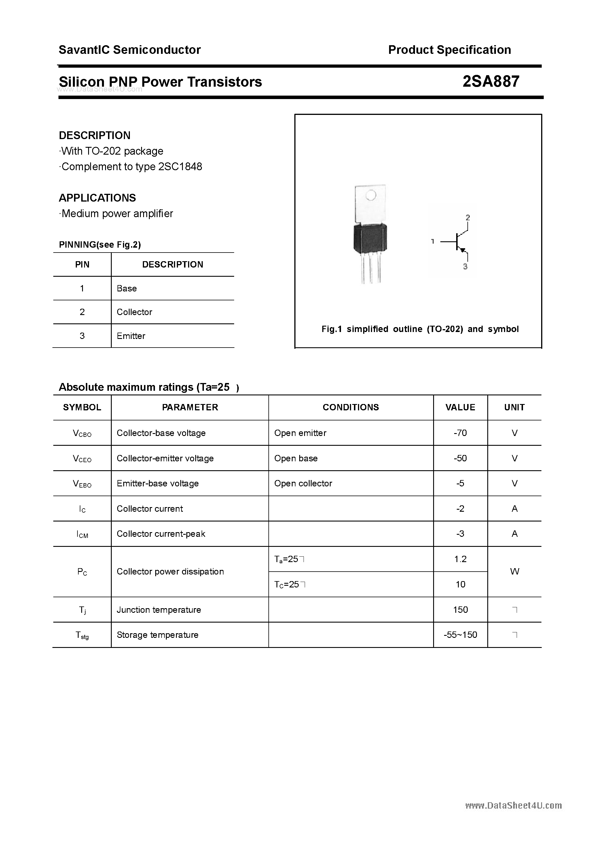 Datasheet 2SA887 page 1 Datasheet 2SA887 - Silicon POwer Transistors page 1