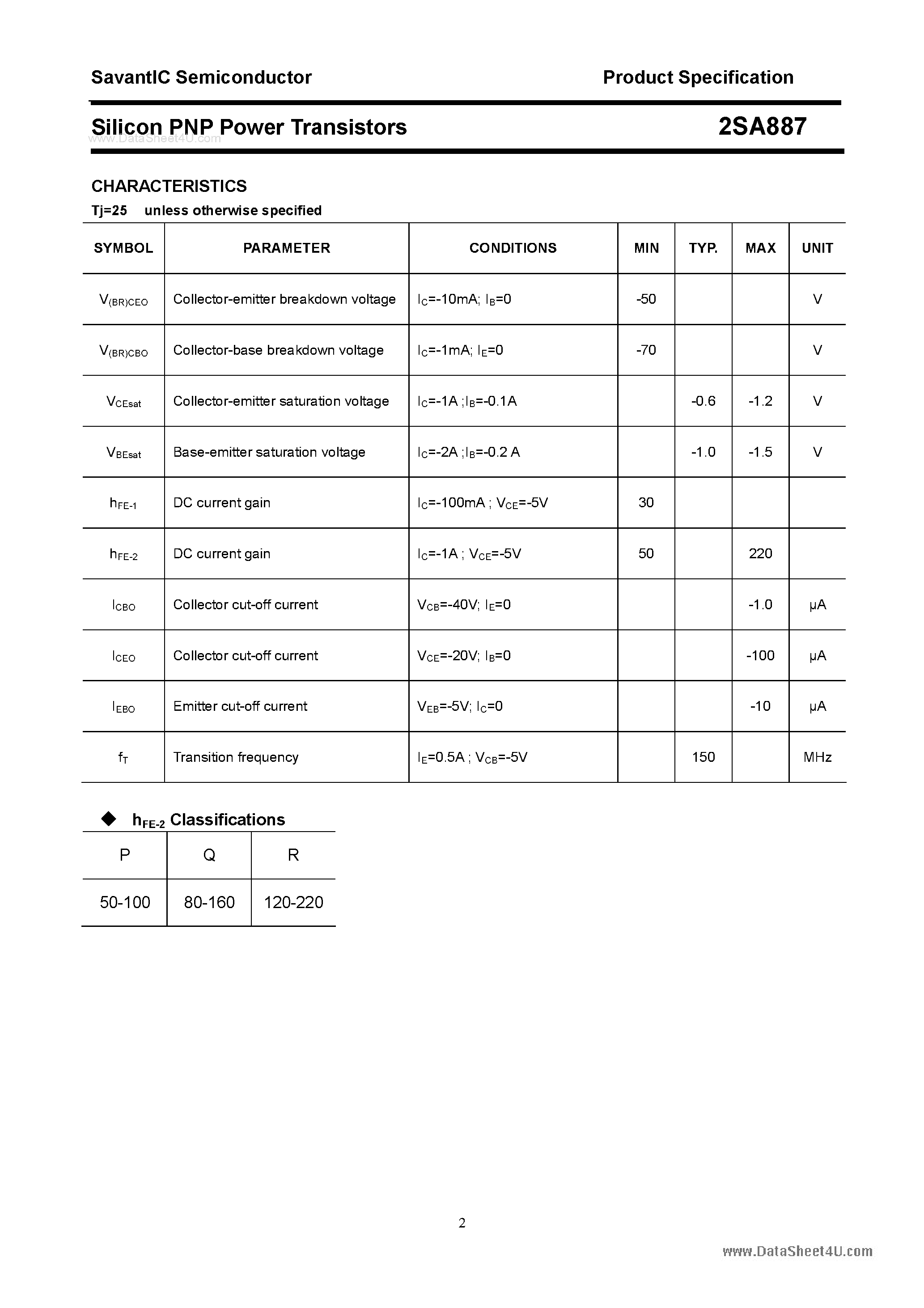 Datasheet 2SA887 page 2 Datasheet 2SA887 - Silicon POwer Transistors page 2