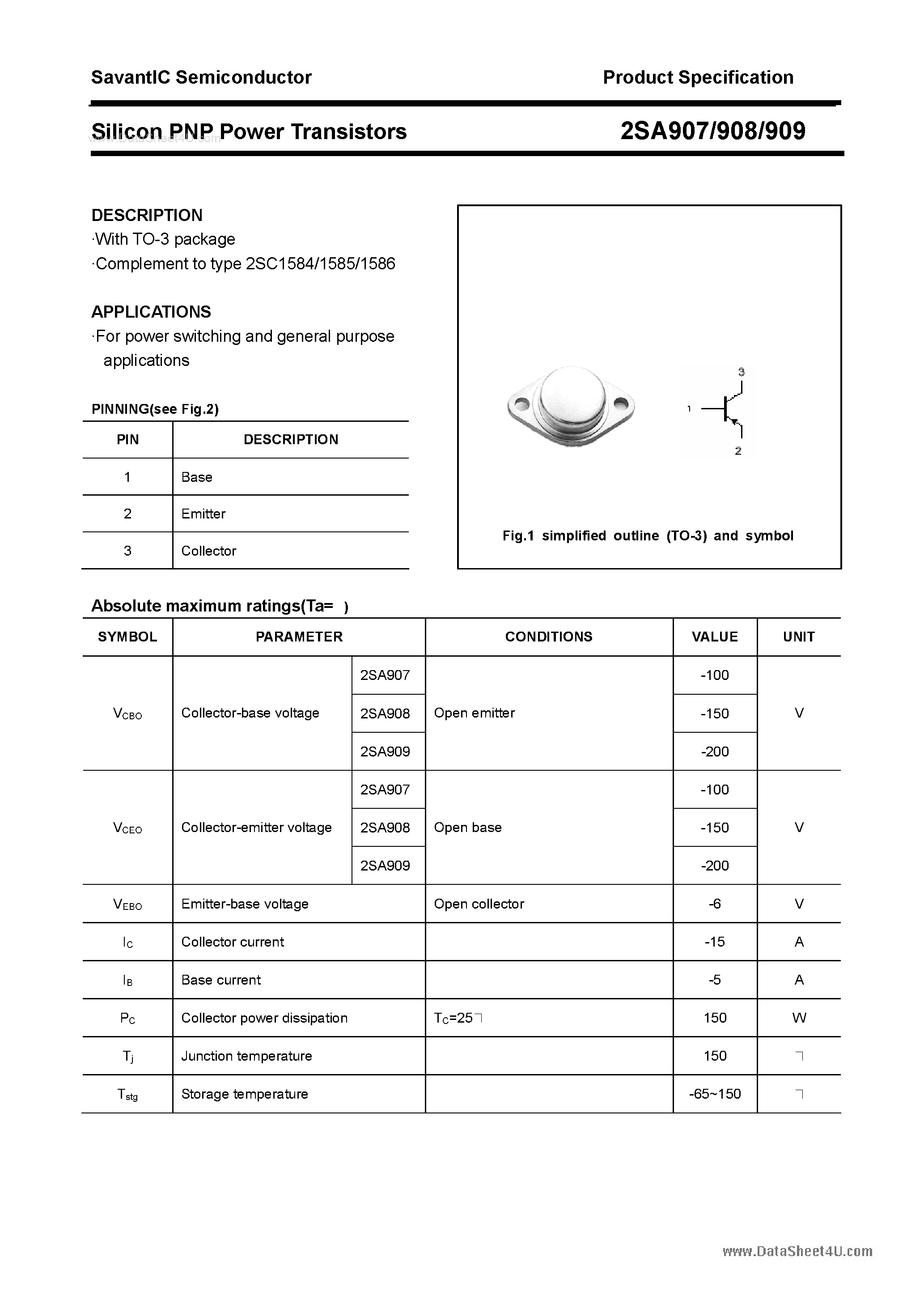 Даташит 2SA907 - (2SA907 - 2SA909) Silicon POwer Transistors страница 1