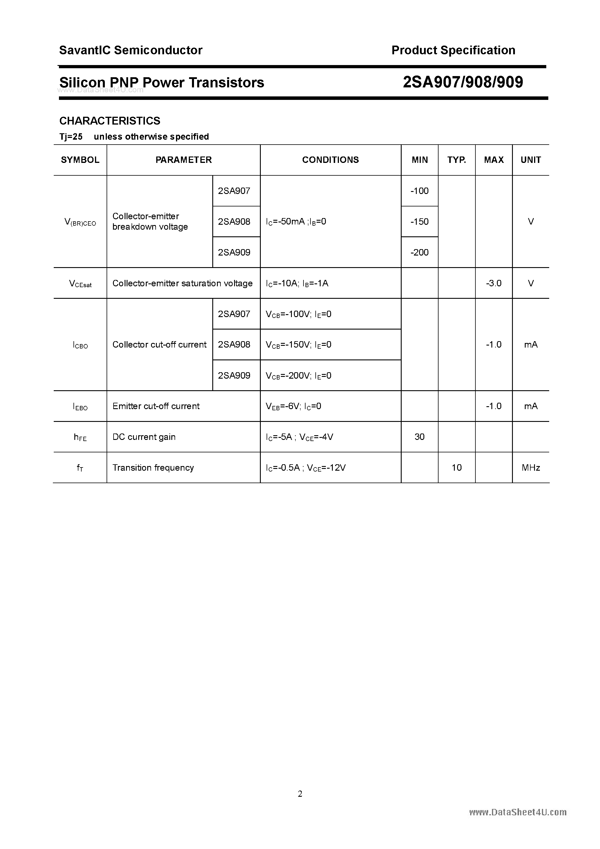 Даташит 2SA907 - (2SA907 - 2SA909) Silicon POwer Transistors страница 2