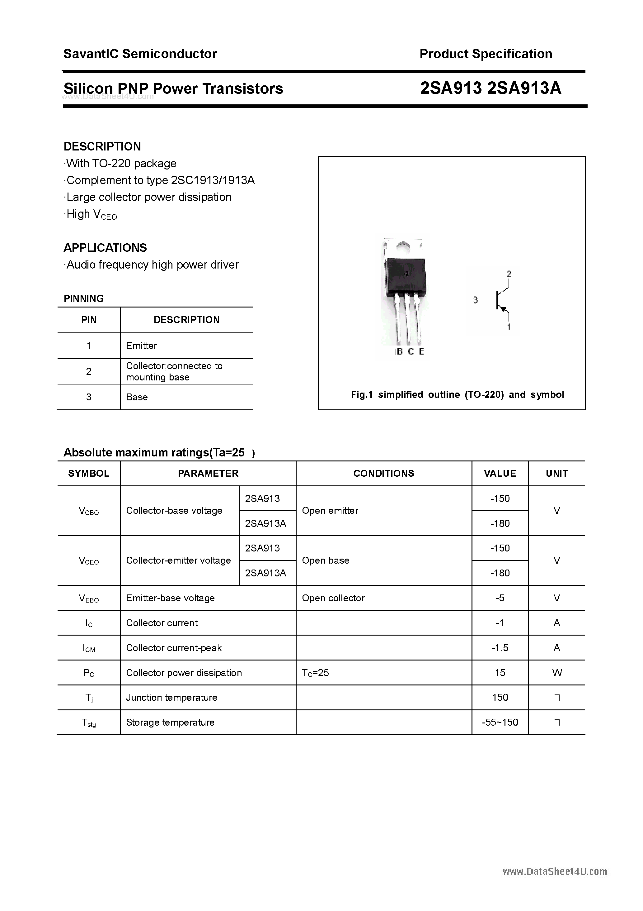 Datasheet 2SA913 - Silicon POwer Transistors page 1