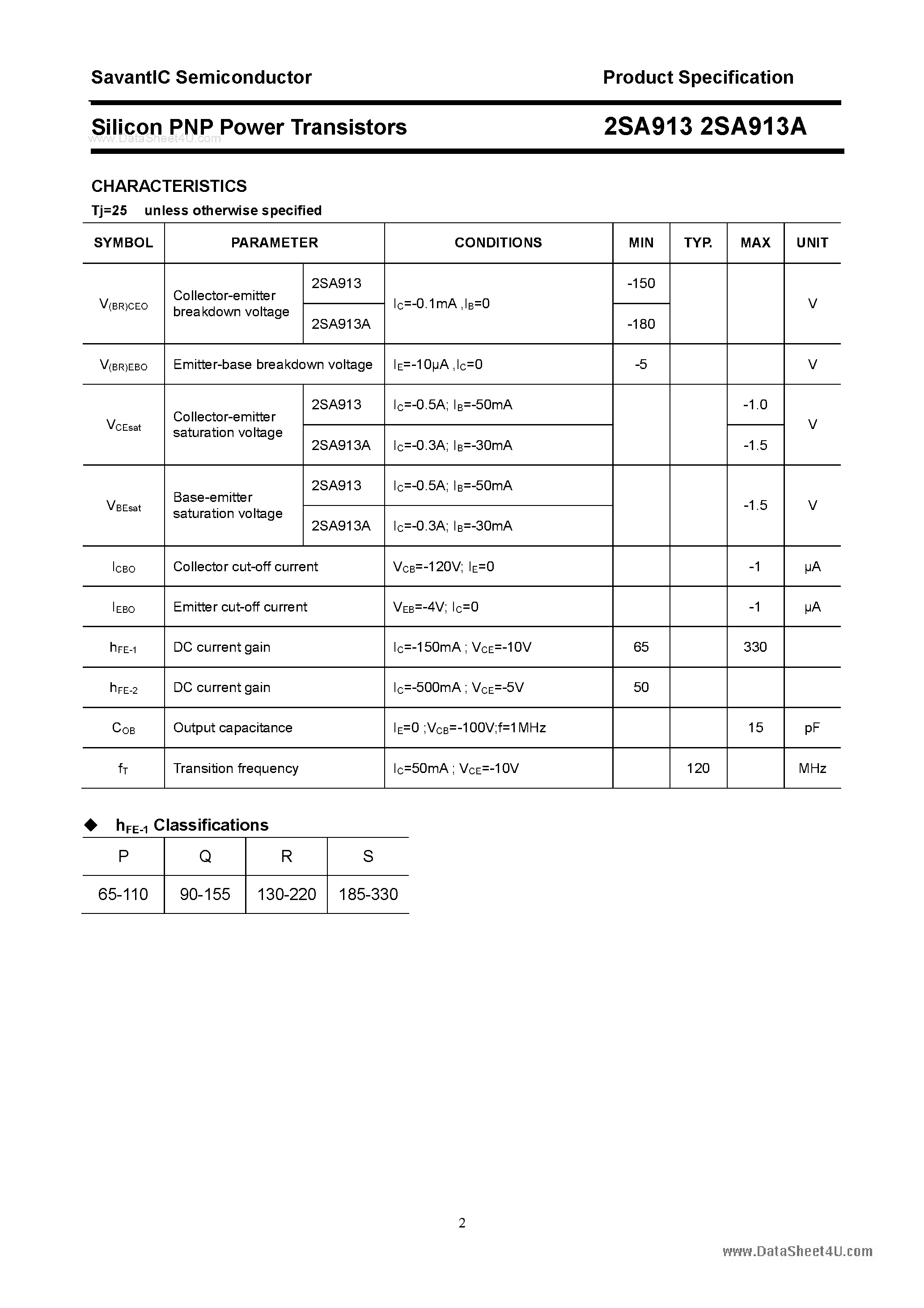 Datasheet 2SA913 - Silicon POwer Transistors page 2