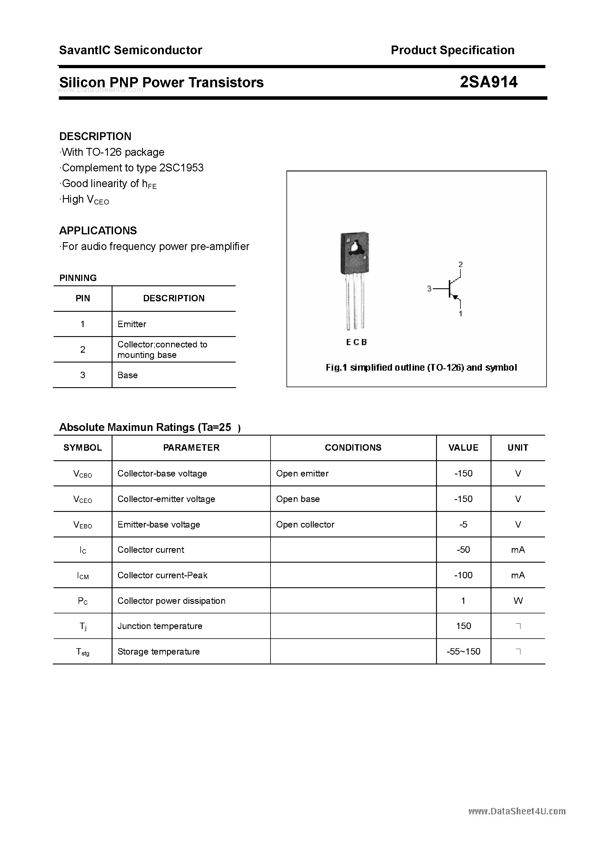 Datasheet 2SA914 page 1 Datasheet 2SA914 - Silicon POwer Transistors page 1