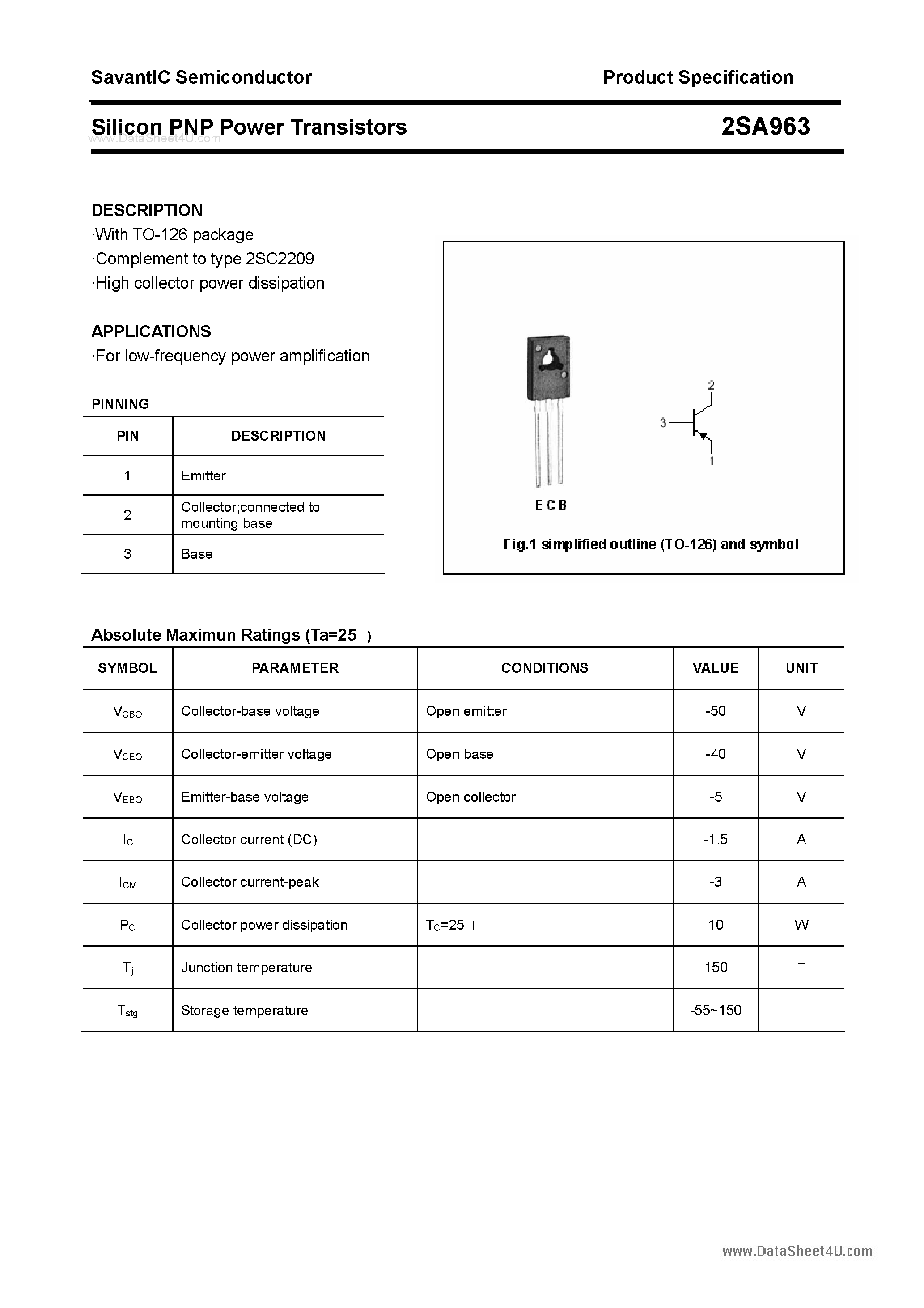 Datasheet 2SA963 - Silicon POwer Transistors page 1