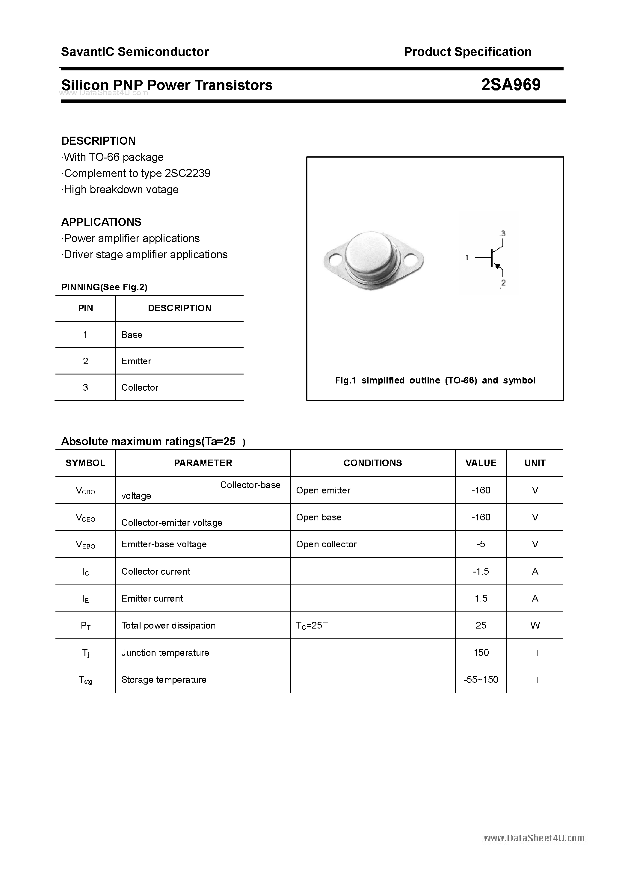 Datasheet 2SA969 - Silicon POwer Transistors page 1