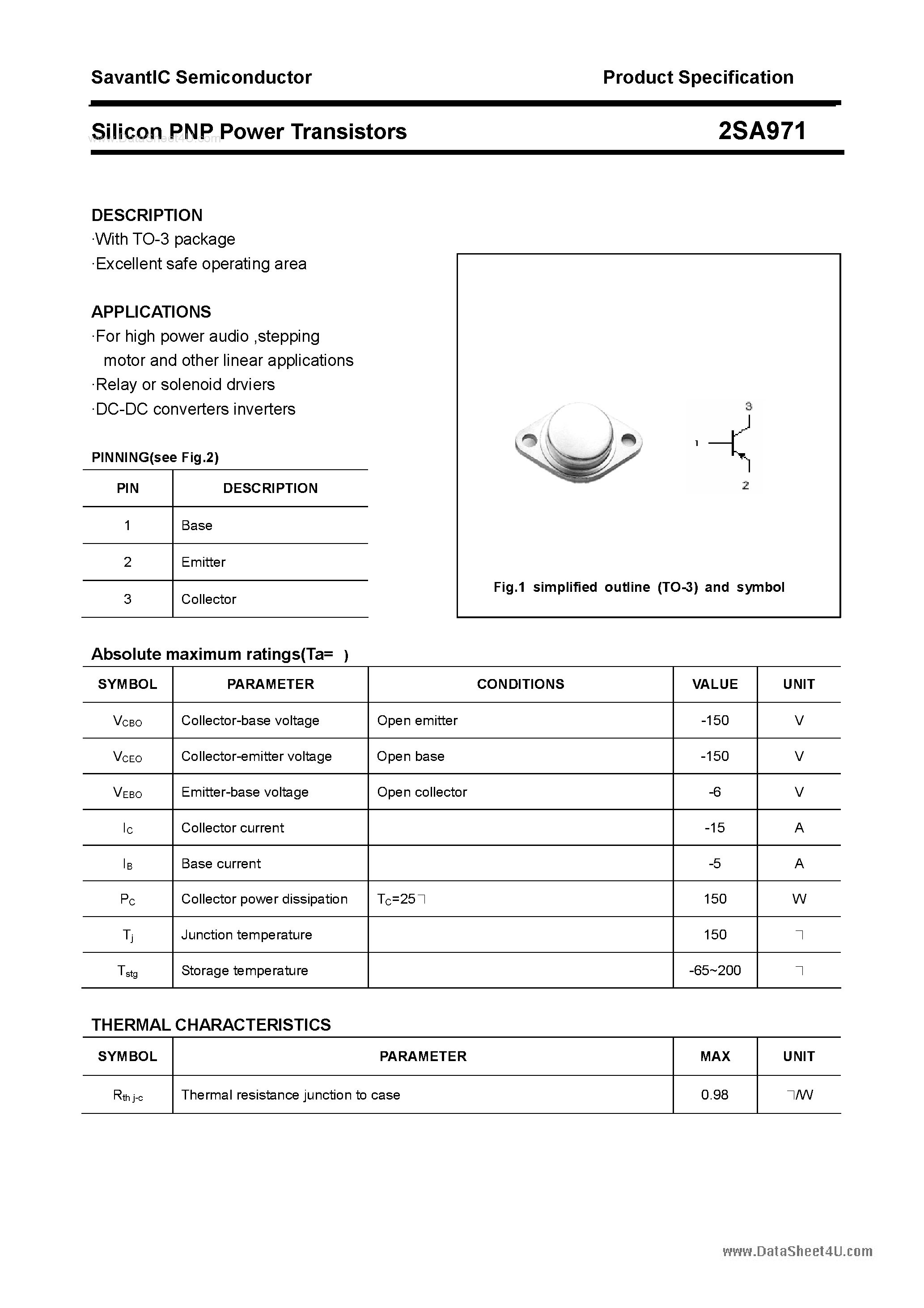 Datasheet 2SA971 - Silicon POwer Transistors page 1
