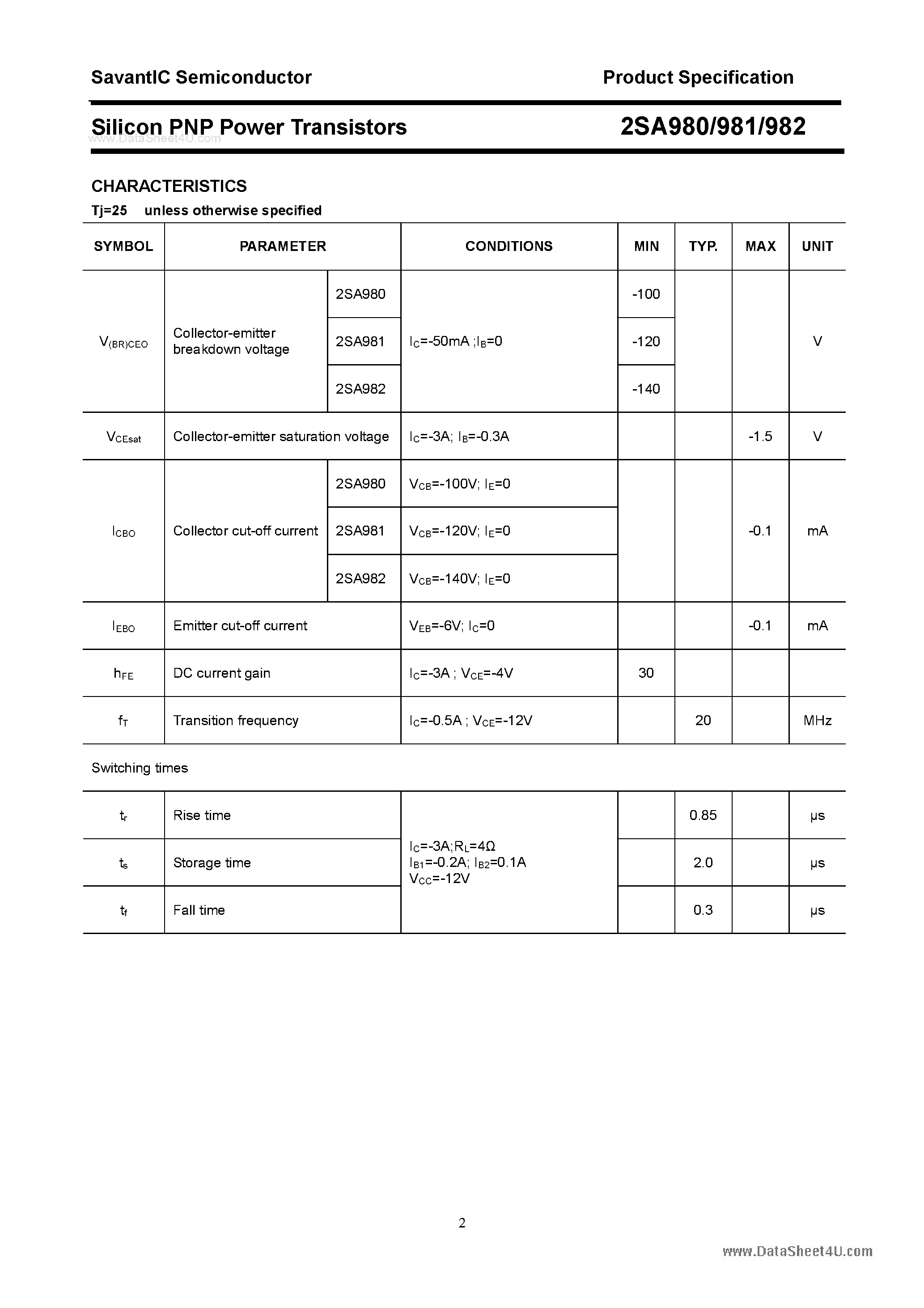 Даташит 2SA980 - (2SA980 - 2SA982) Silicon POwer Transistors страница 2