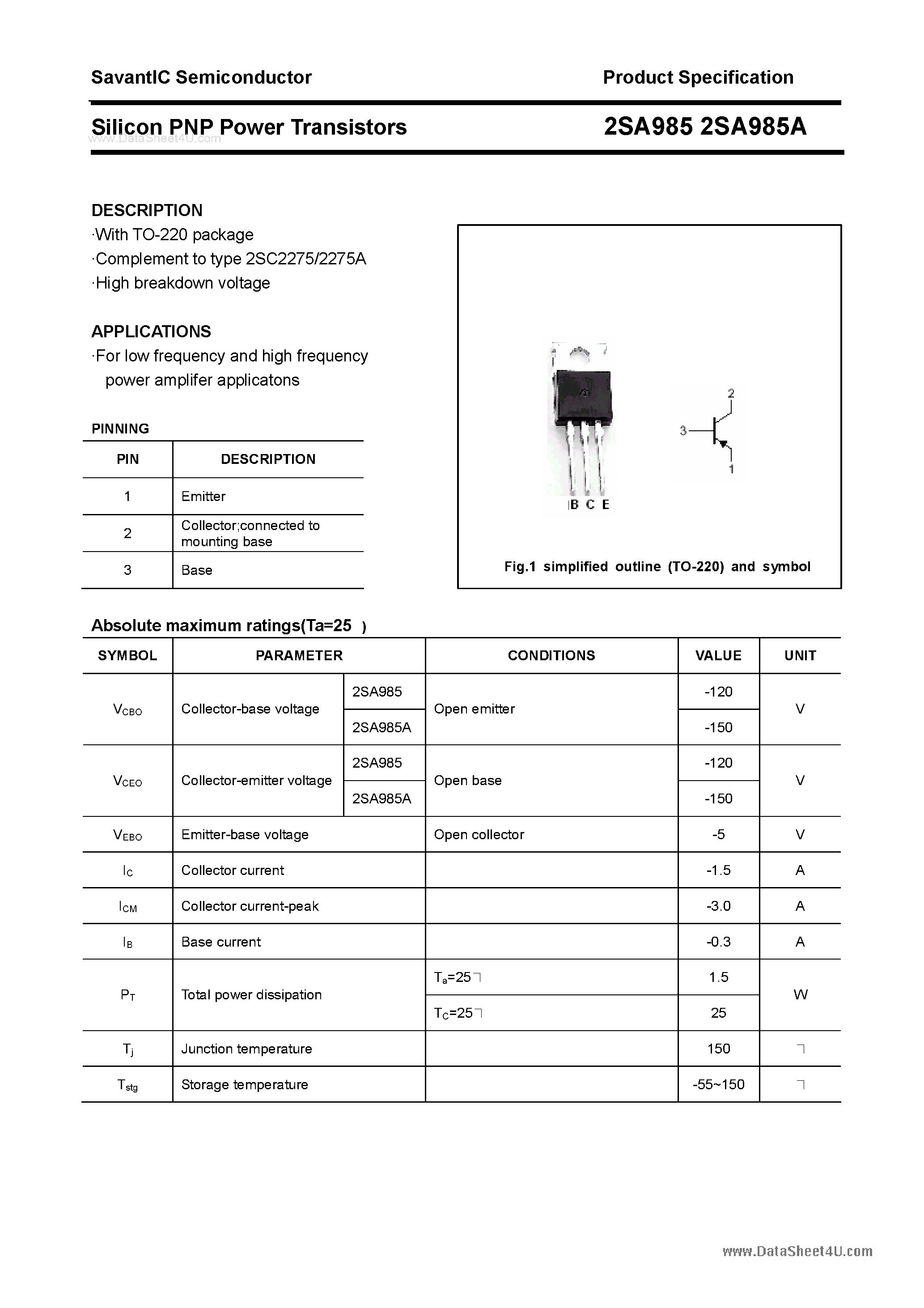 Datasheet 2SA985 - Silicon POwer Transistors page 1