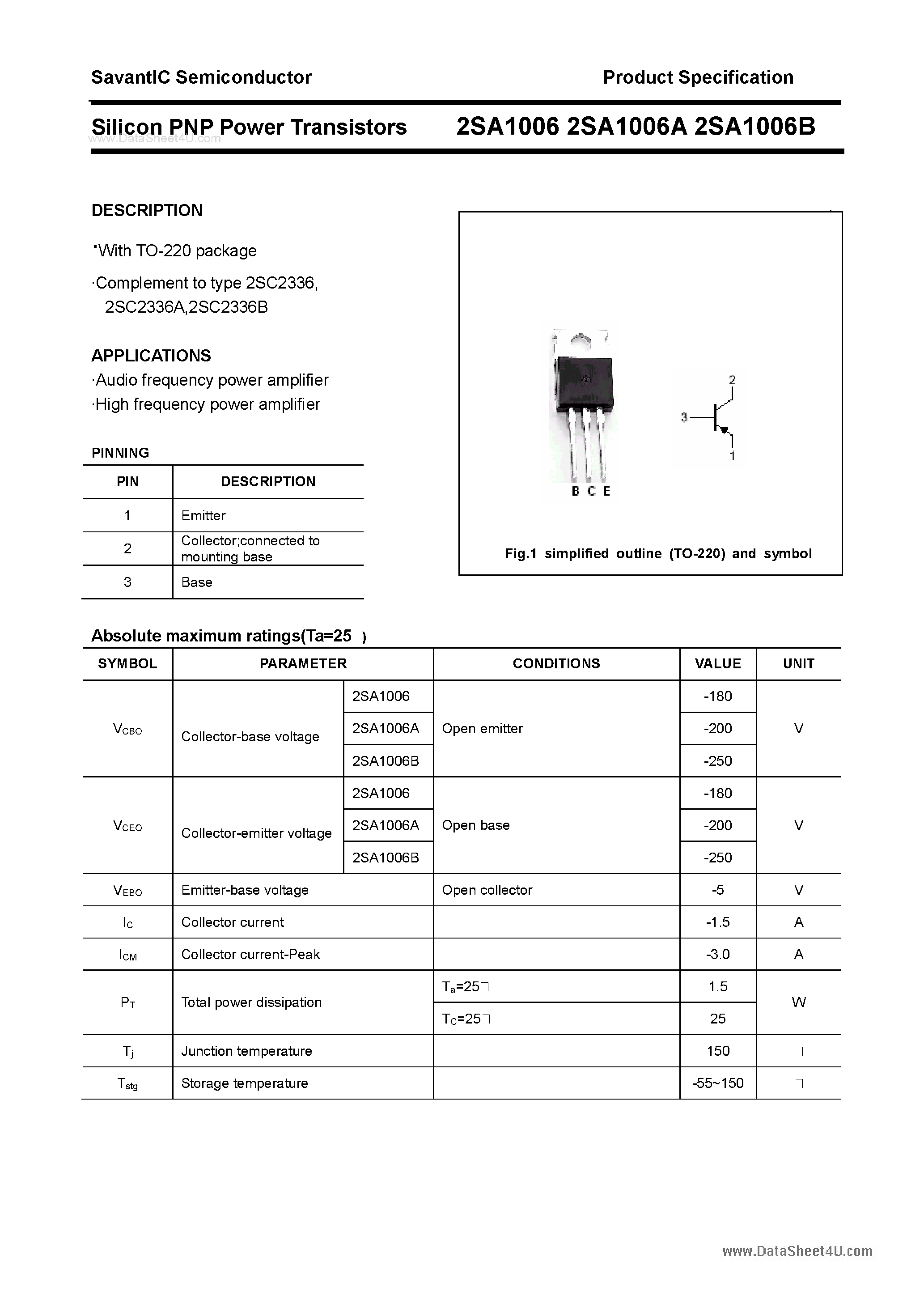 Datasheet 2SA1006 - Silicon POwer Transistors page 1