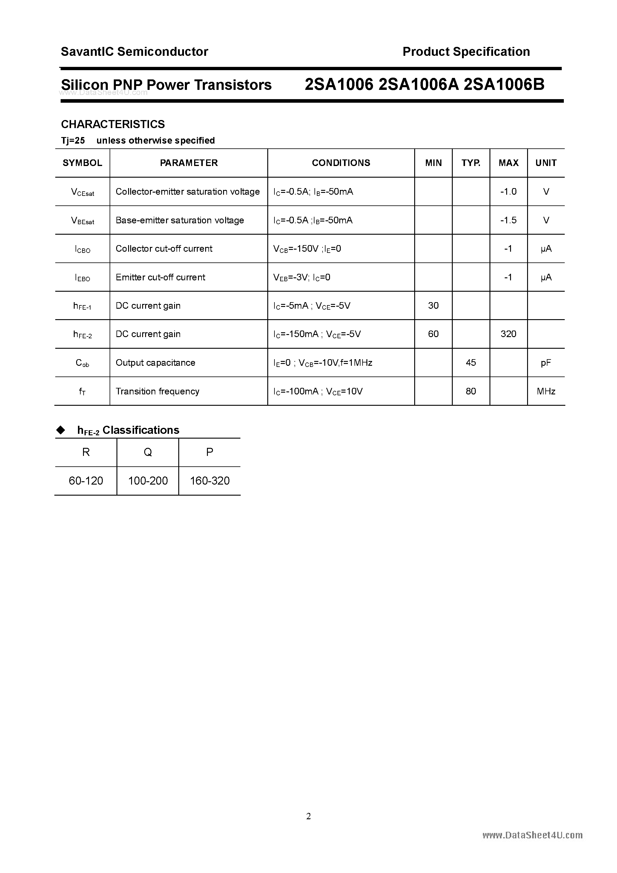 Datasheet 2SA1006 - Silicon POwer Transistors page 2