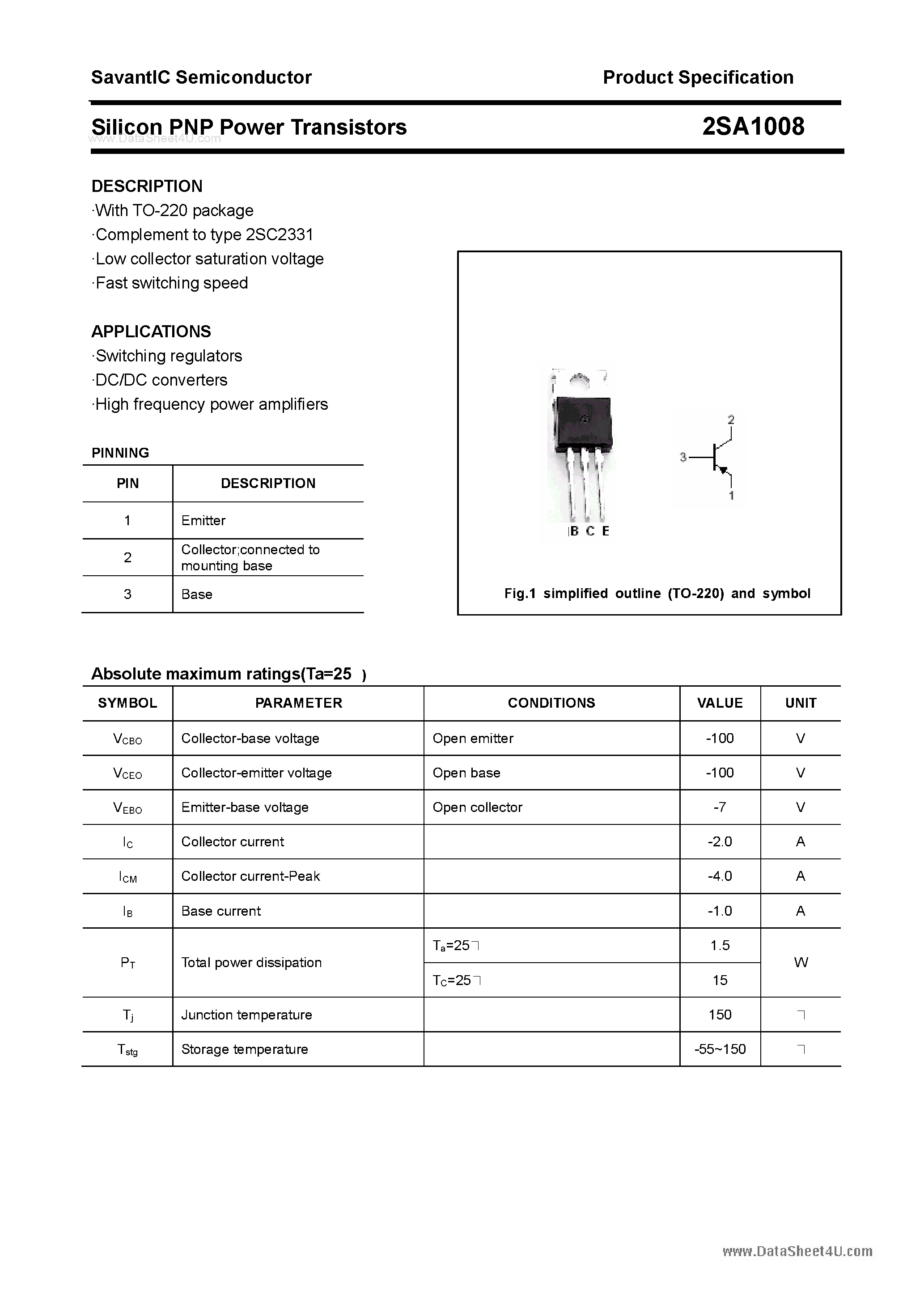 Datasheet 2SA1008 - Silicon POwer Transistors page 1