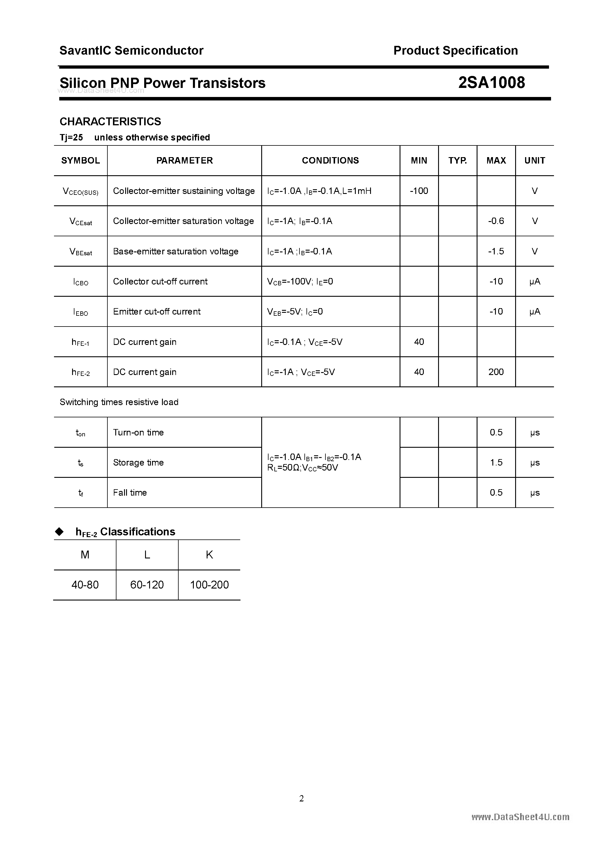 Datasheet 2SA1008 - Silicon POwer Transistors page 2