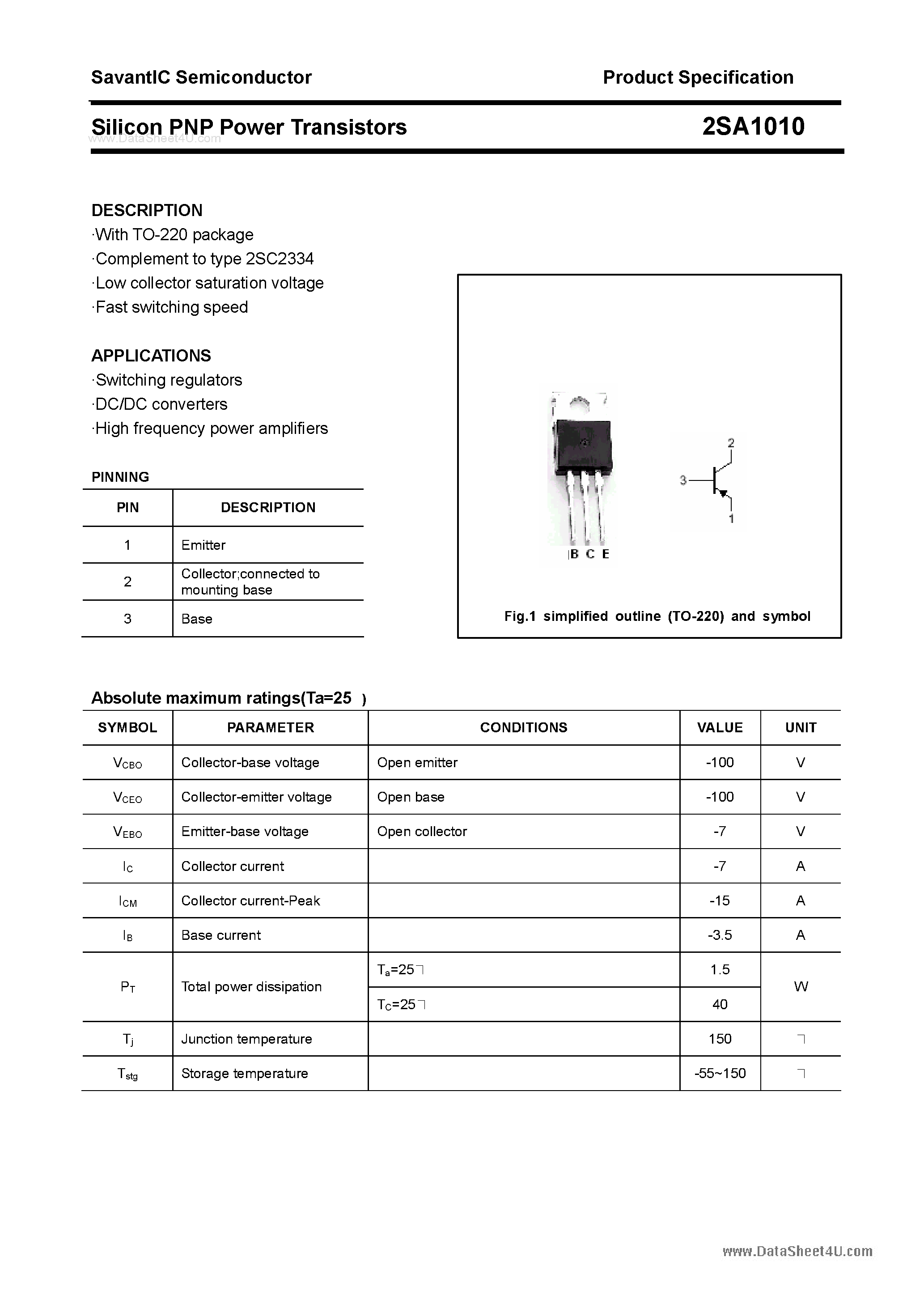 Datasheet 2SA1010 - Silicon POwer Transistors page 1
