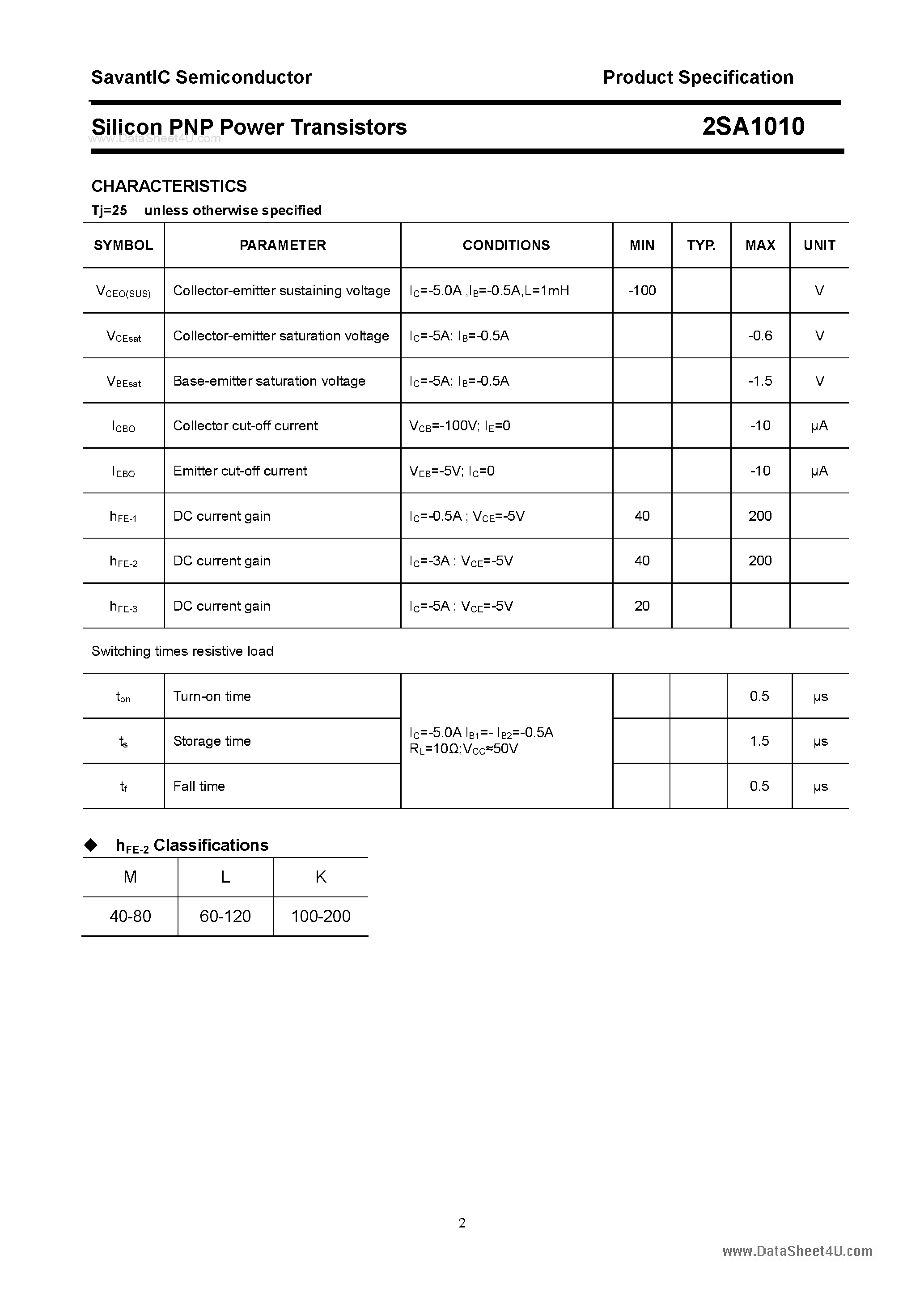 Datasheet 2SA1010 - Silicon POwer Transistors page 2