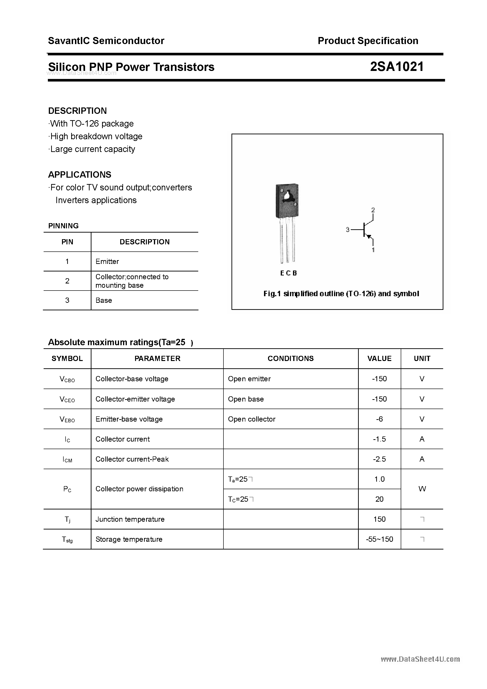 Datasheet 2SA1021 - Silicon POwer Transistors page 1
