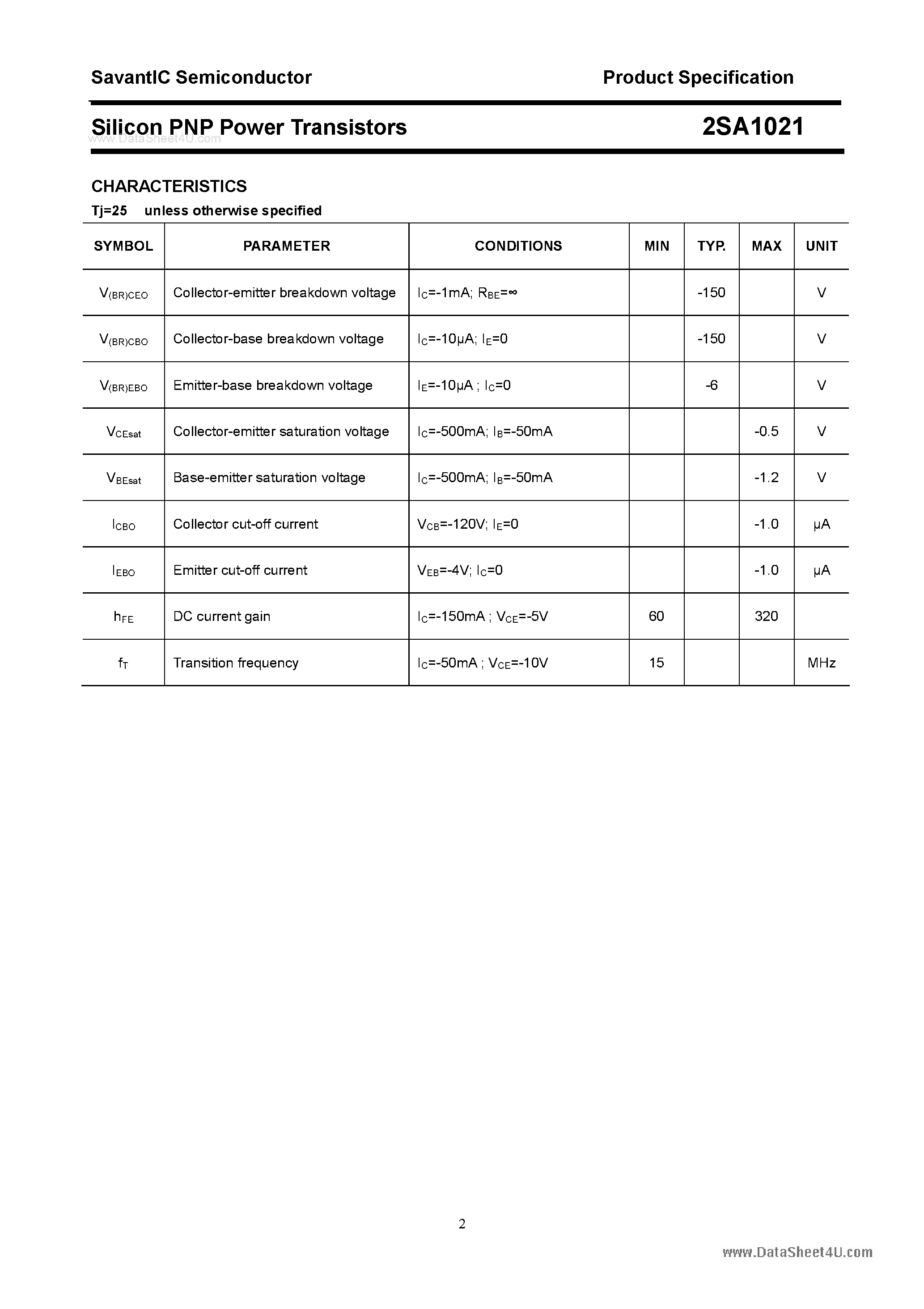 Datasheet 2SA1021 - Silicon POwer Transistors page 2