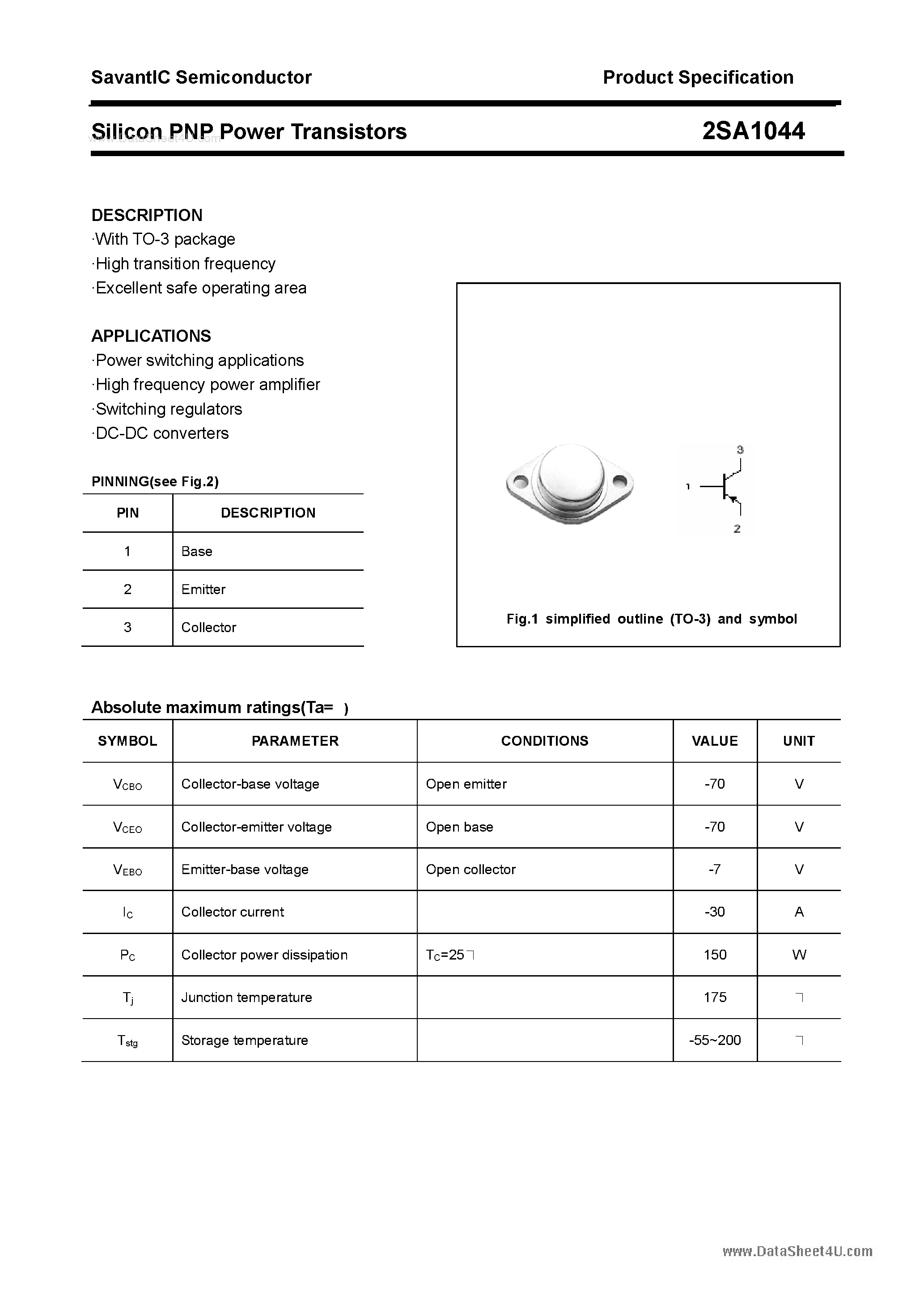 Datasheet 2SA1044 - Silicon POwer Transistors page 1