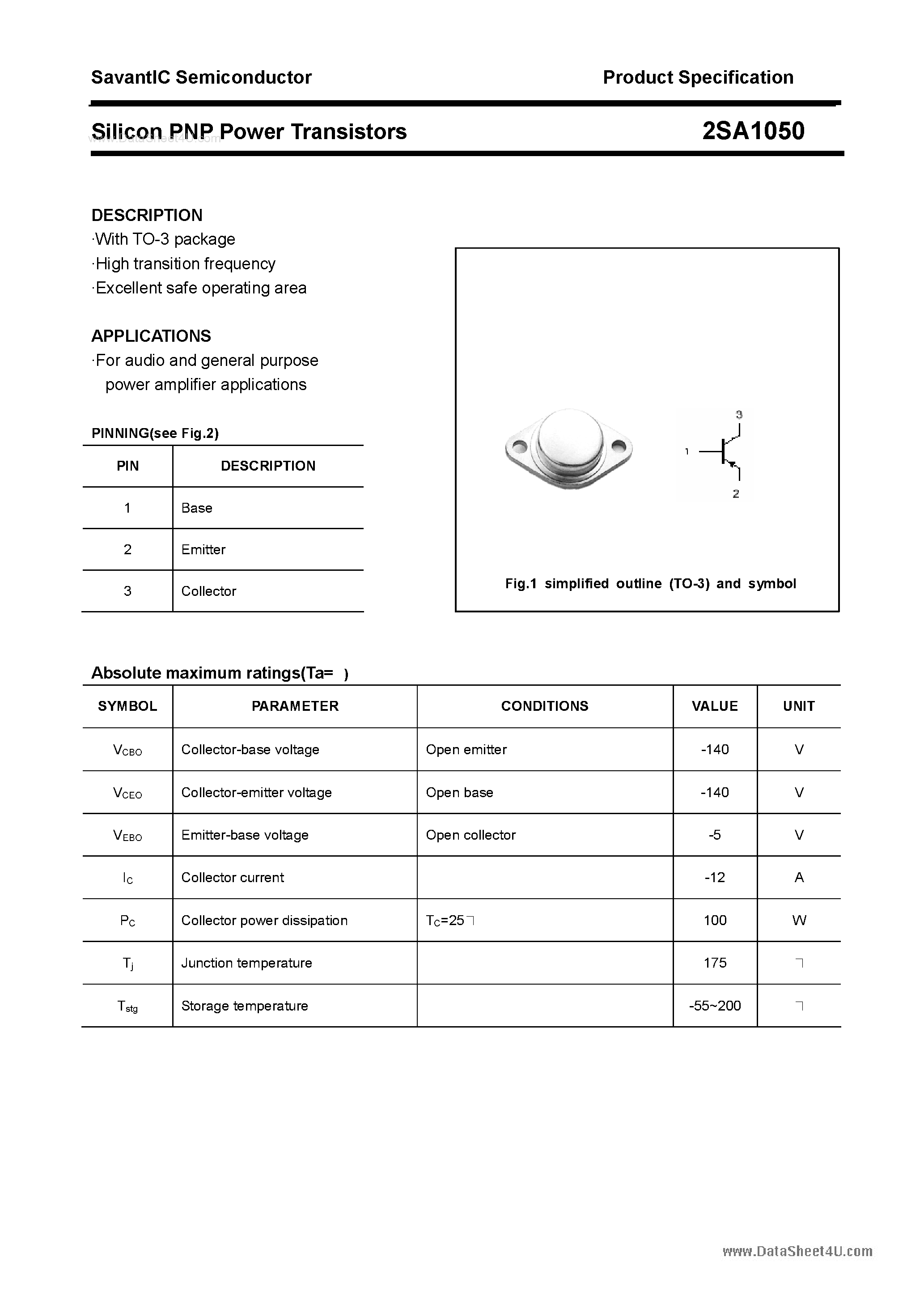 Datasheet 2SA1050 - Silicon POwer Transistors page 1