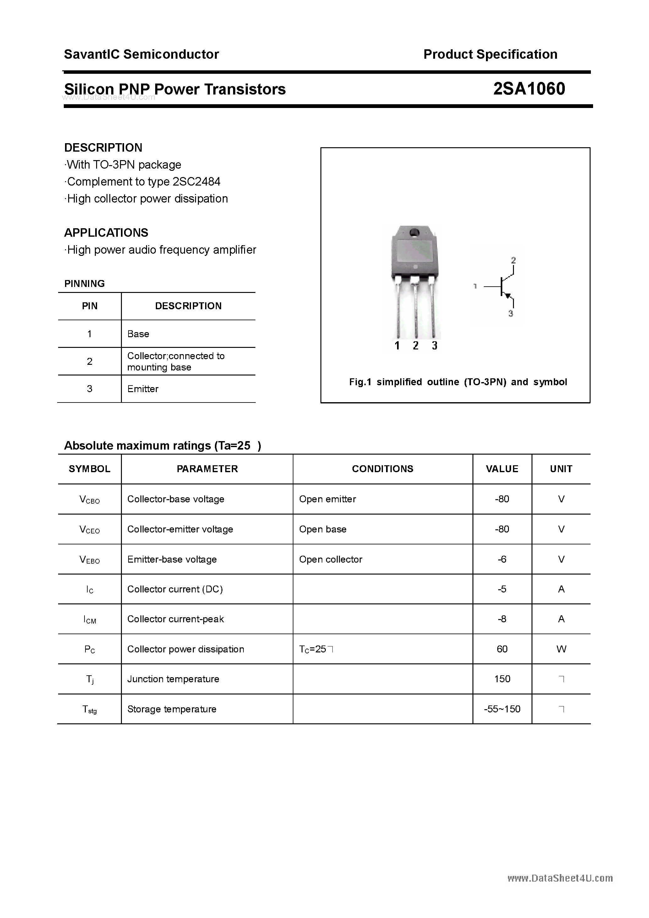 Datasheet 2SA1060 - Silicon POwer Transistors page 1
