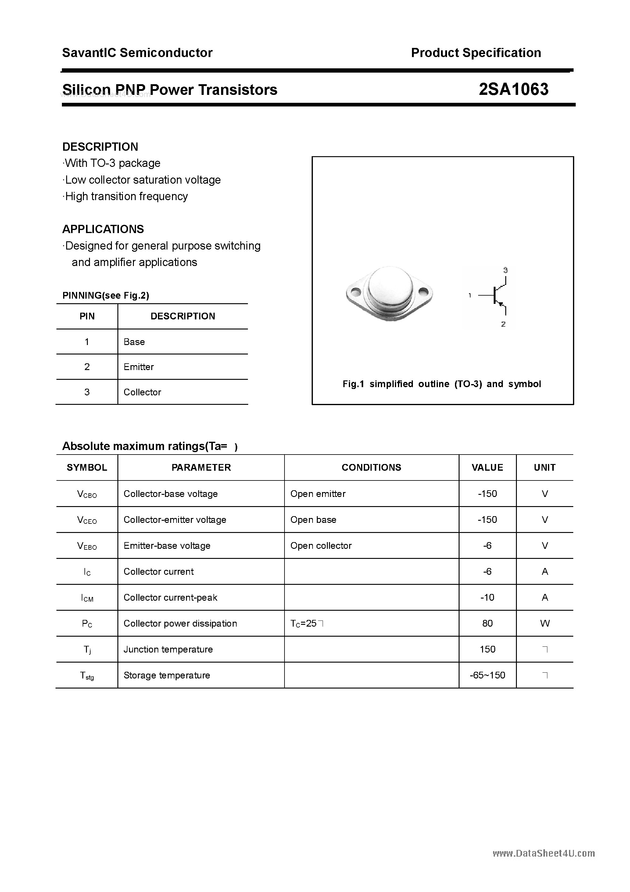 Datasheet 2SA1063 - Silicon POwer Transistors page 1