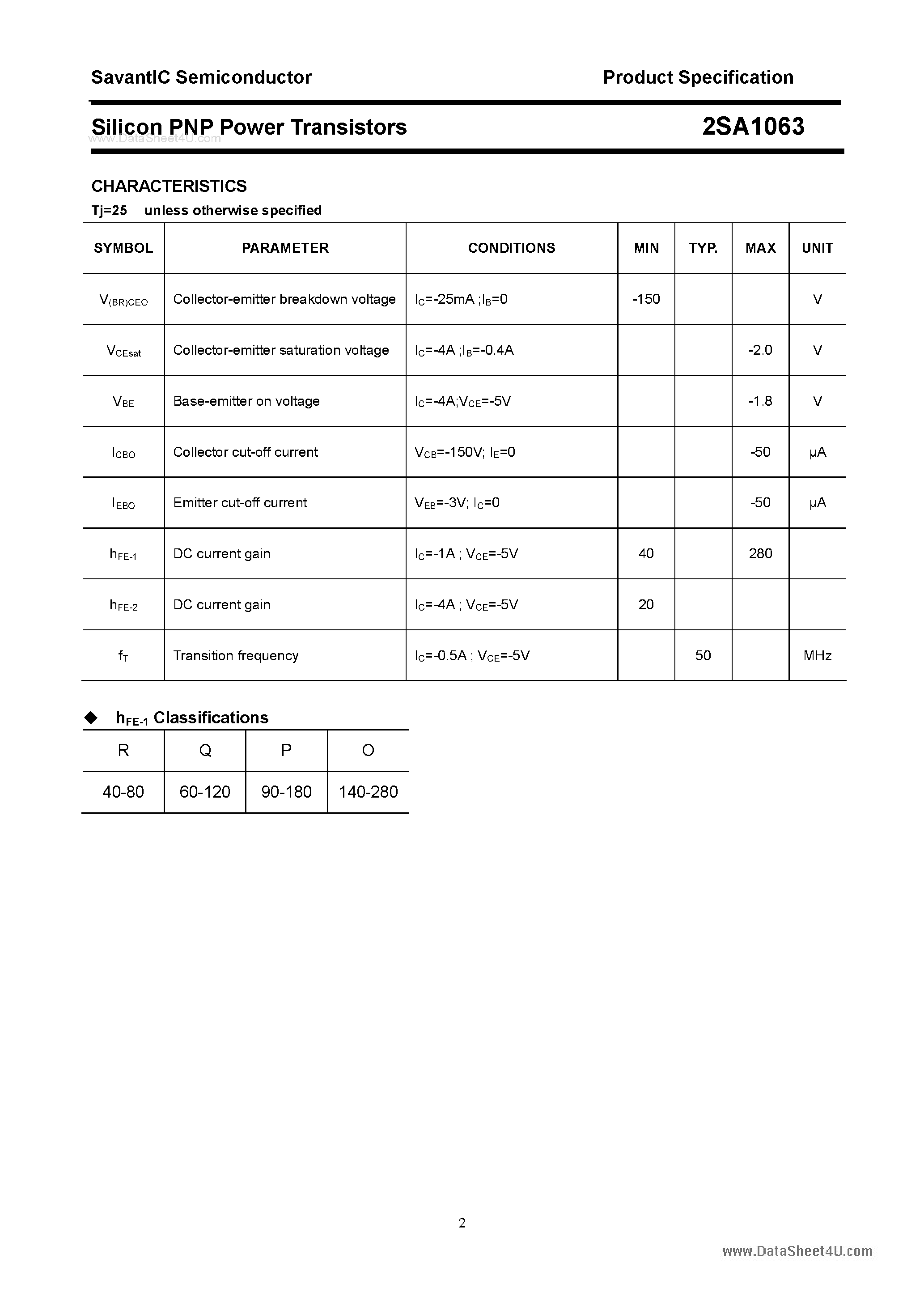 Datasheet 2SA1063 - Silicon POwer Transistors page 2