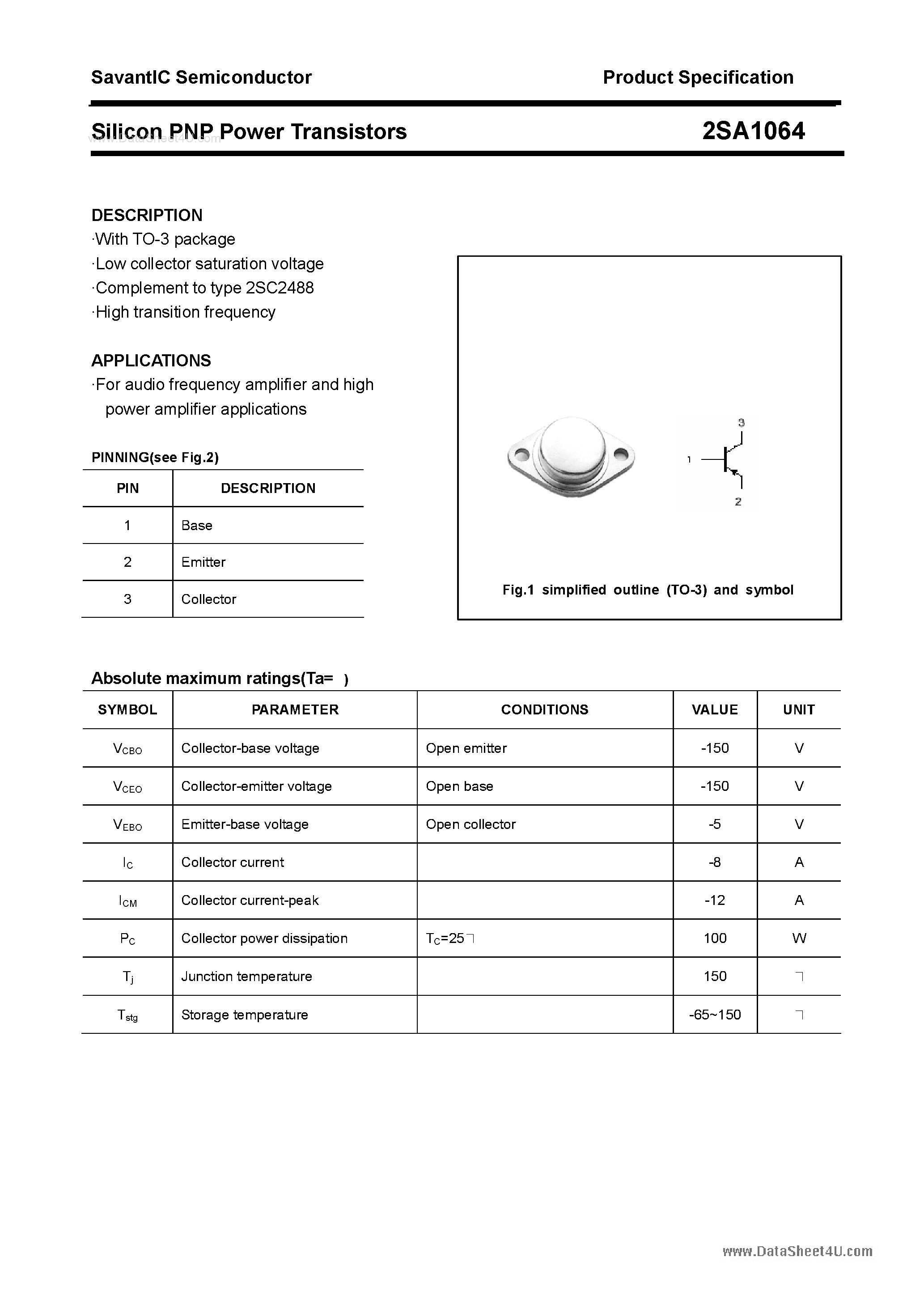 Datasheet 2SA1064 - Silicon POwer Transistors page 1