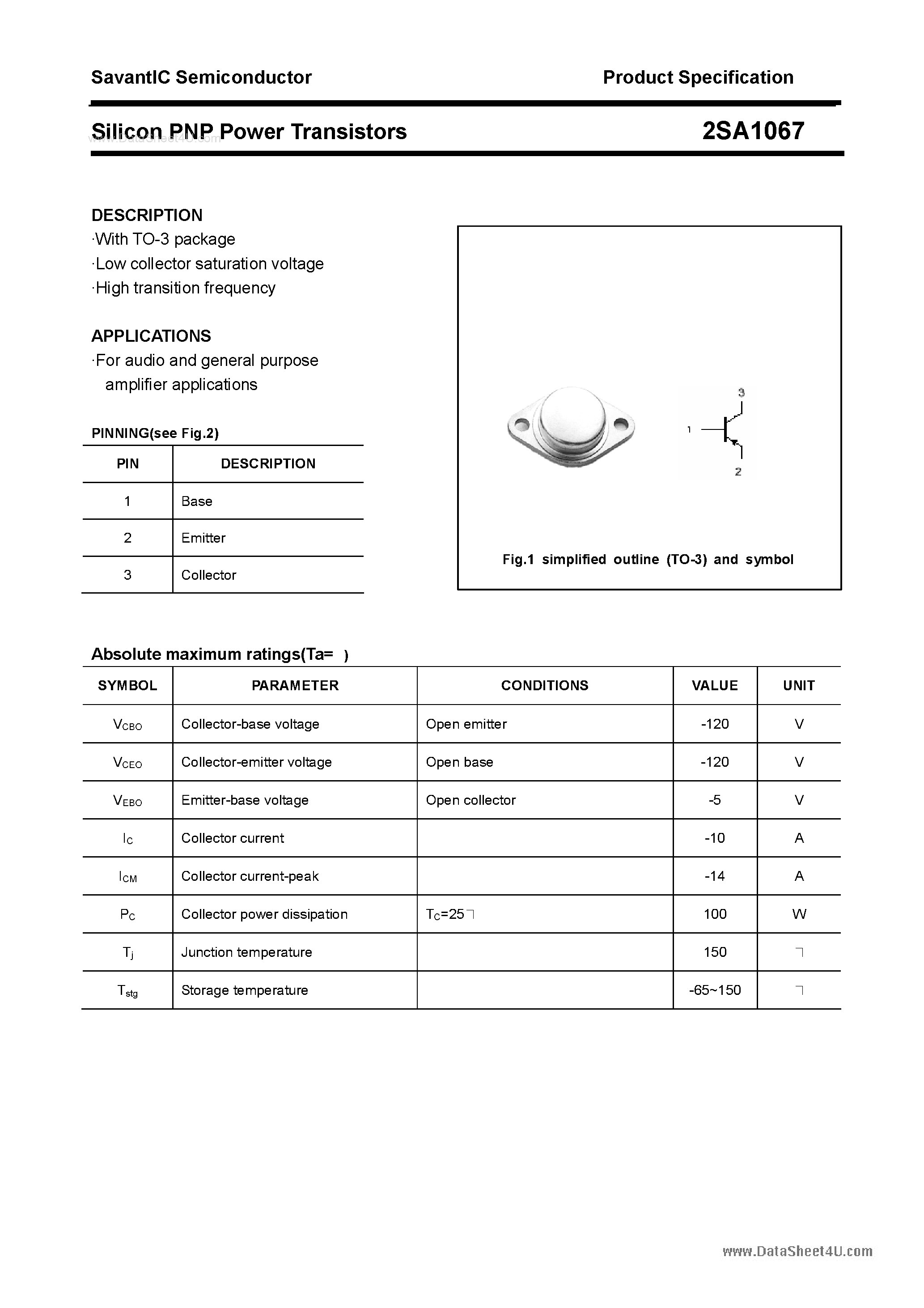 Datasheet 2SA1067 - Silicon POwer Transistors page 1
