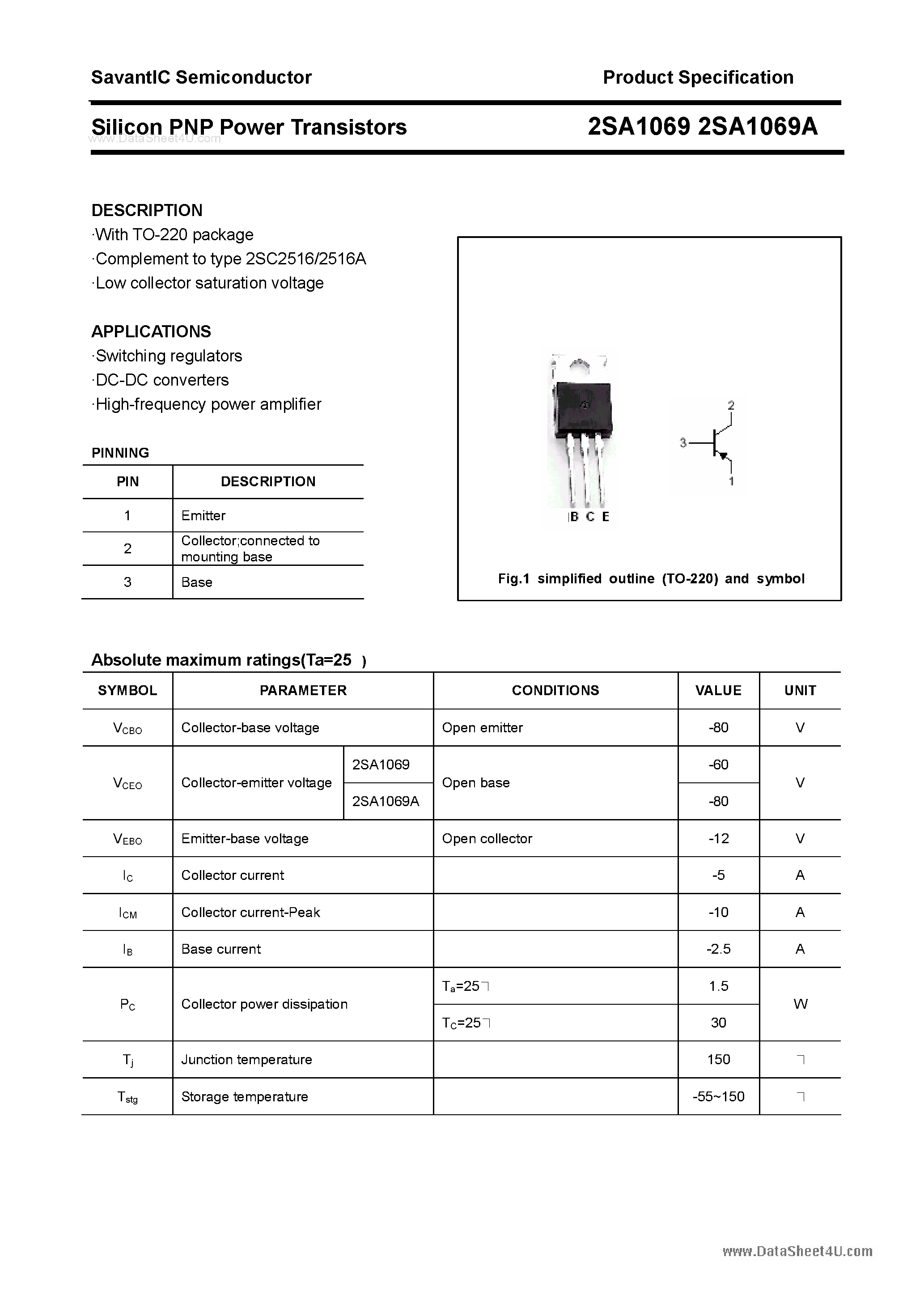 Datasheet 2SA1069 - Silicon POwer Transistors page 1