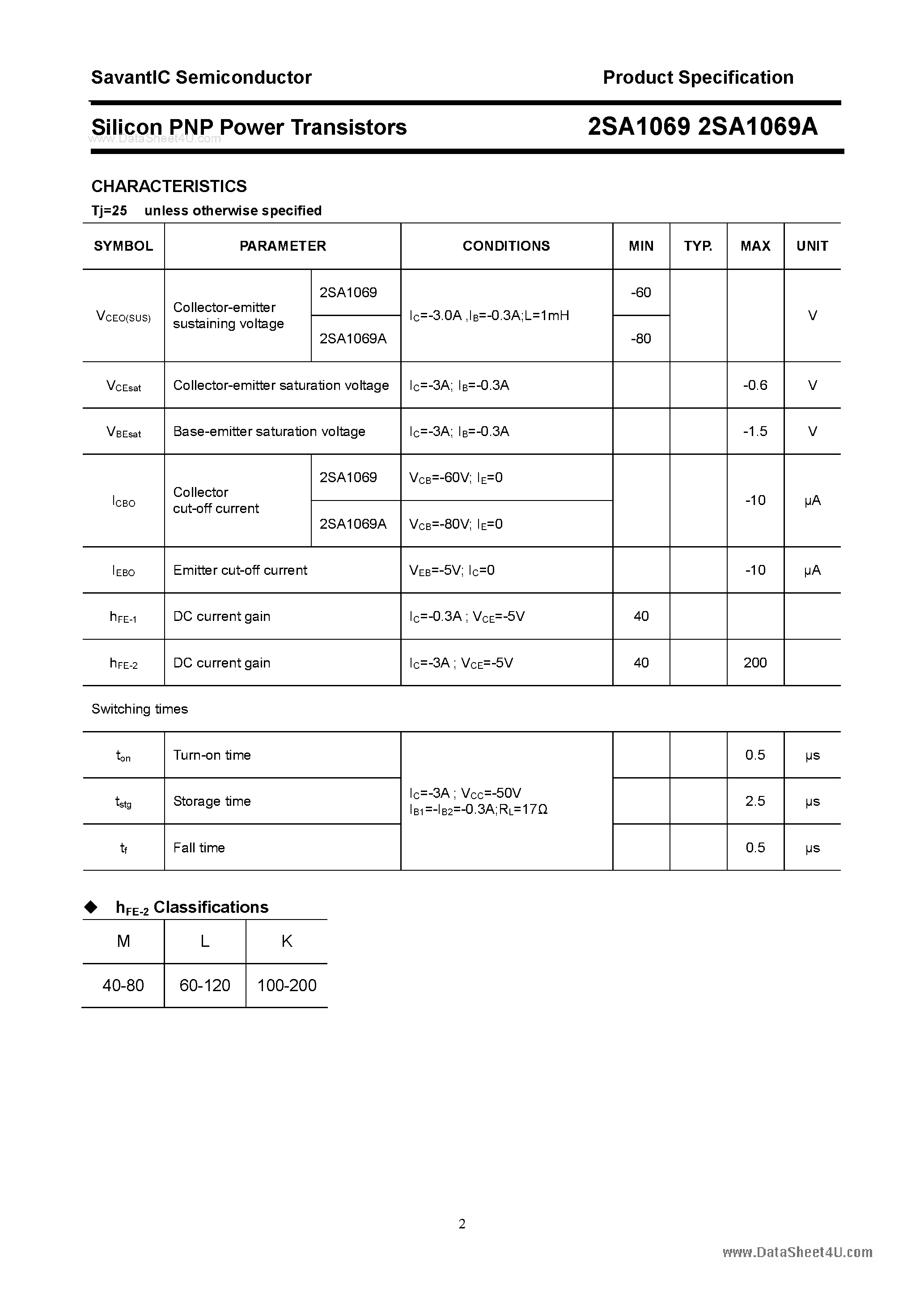 Datasheet 2SA1069 - Silicon POwer Transistors page 2