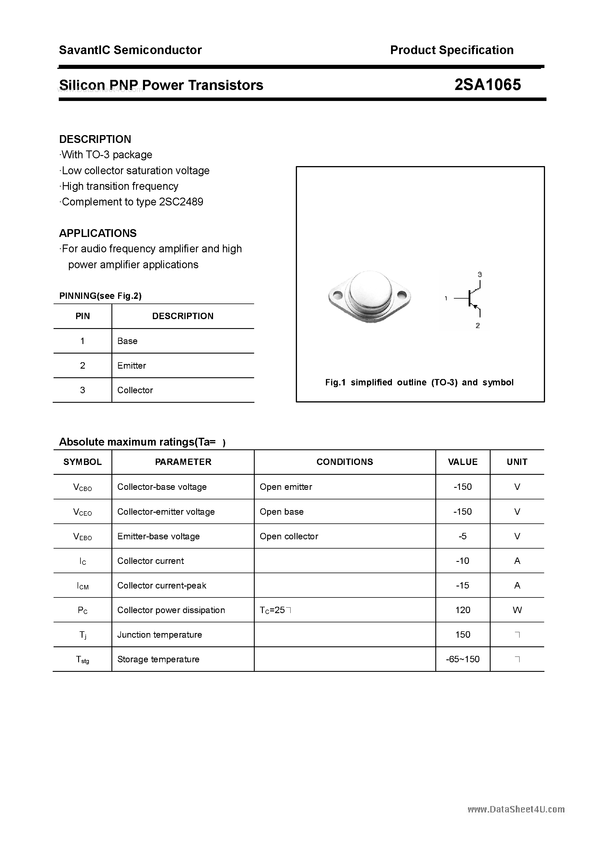 Datasheet 2SA1065 - Silicon POwer Transistors page 1