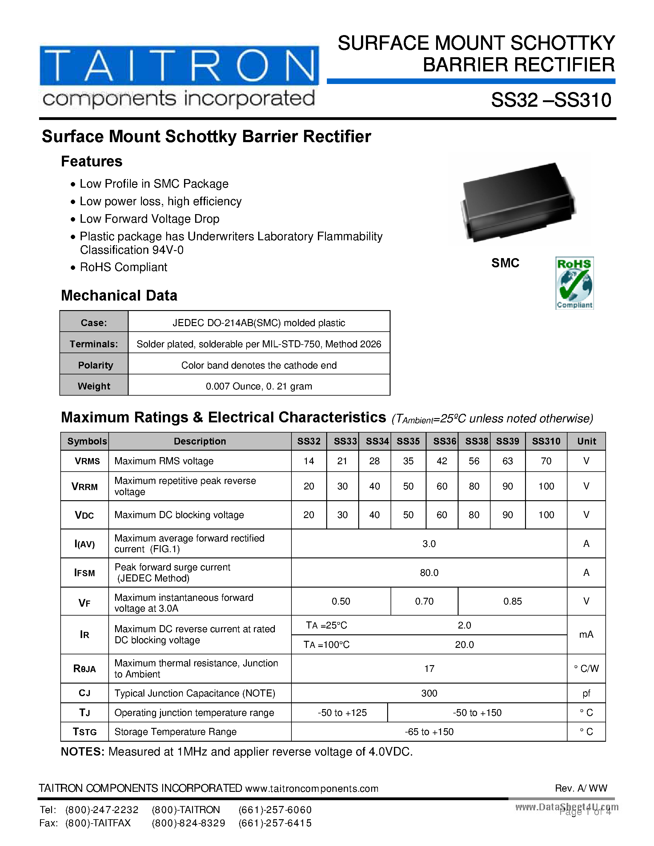 Даташит на микросхему SS310 страница 1 Даташит SS310 - (SS32 - SS310) Surface Mount Schottky Barrier Rectifier страница 1