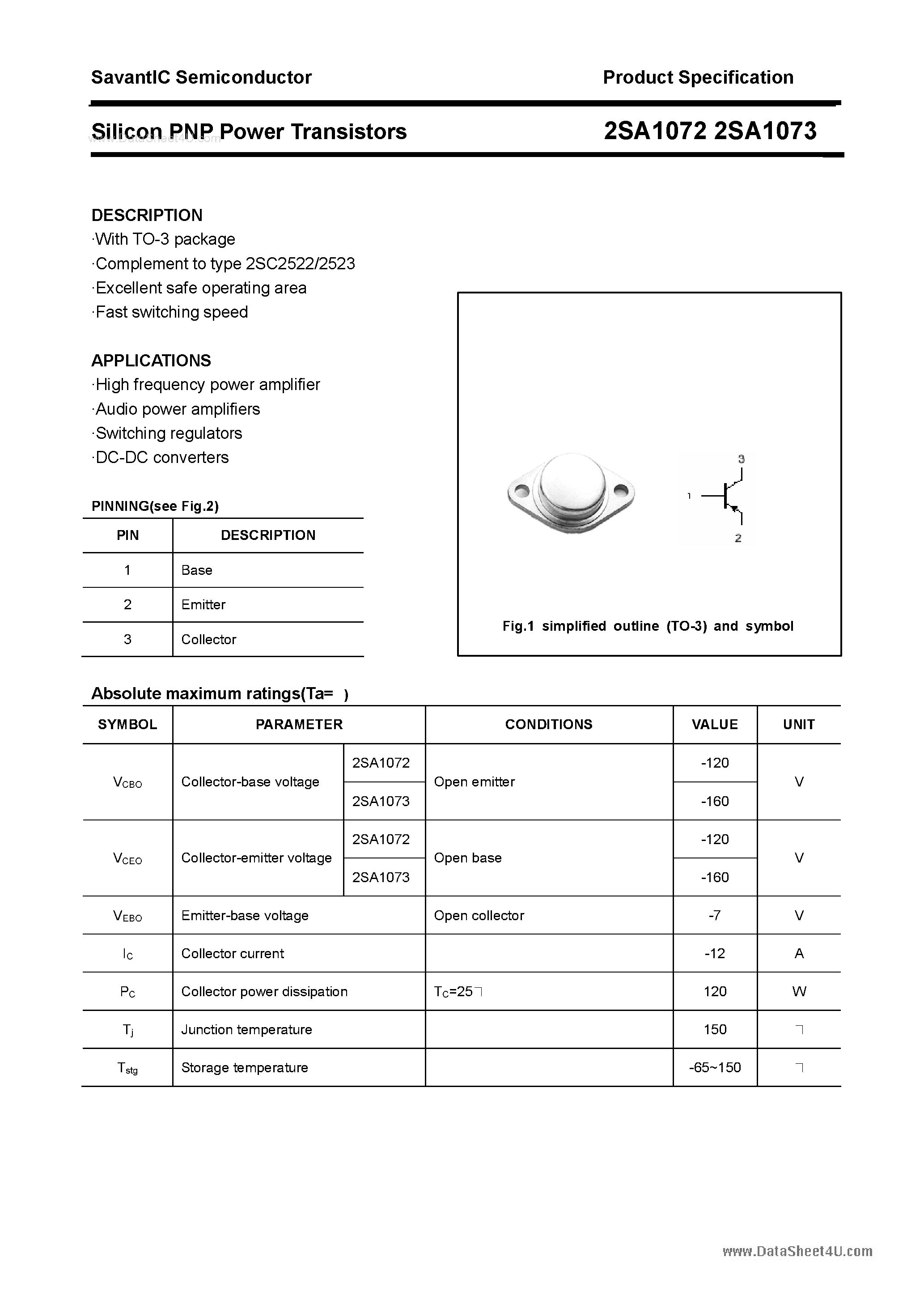 Datasheet 2SA1072 - (2SA1072 / 2SA1073) SILICON POWER TRANSISTOR page 1