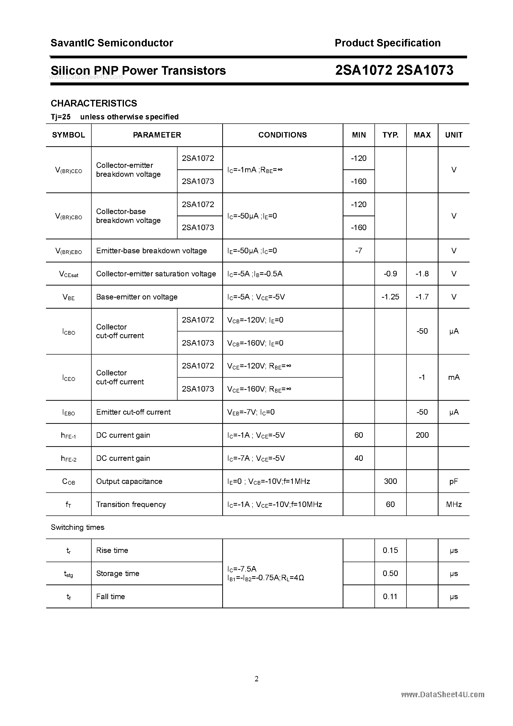 Datasheet 2SA1072 - (2SA1072 / 2SA1073) SILICON POWER TRANSISTOR page 2