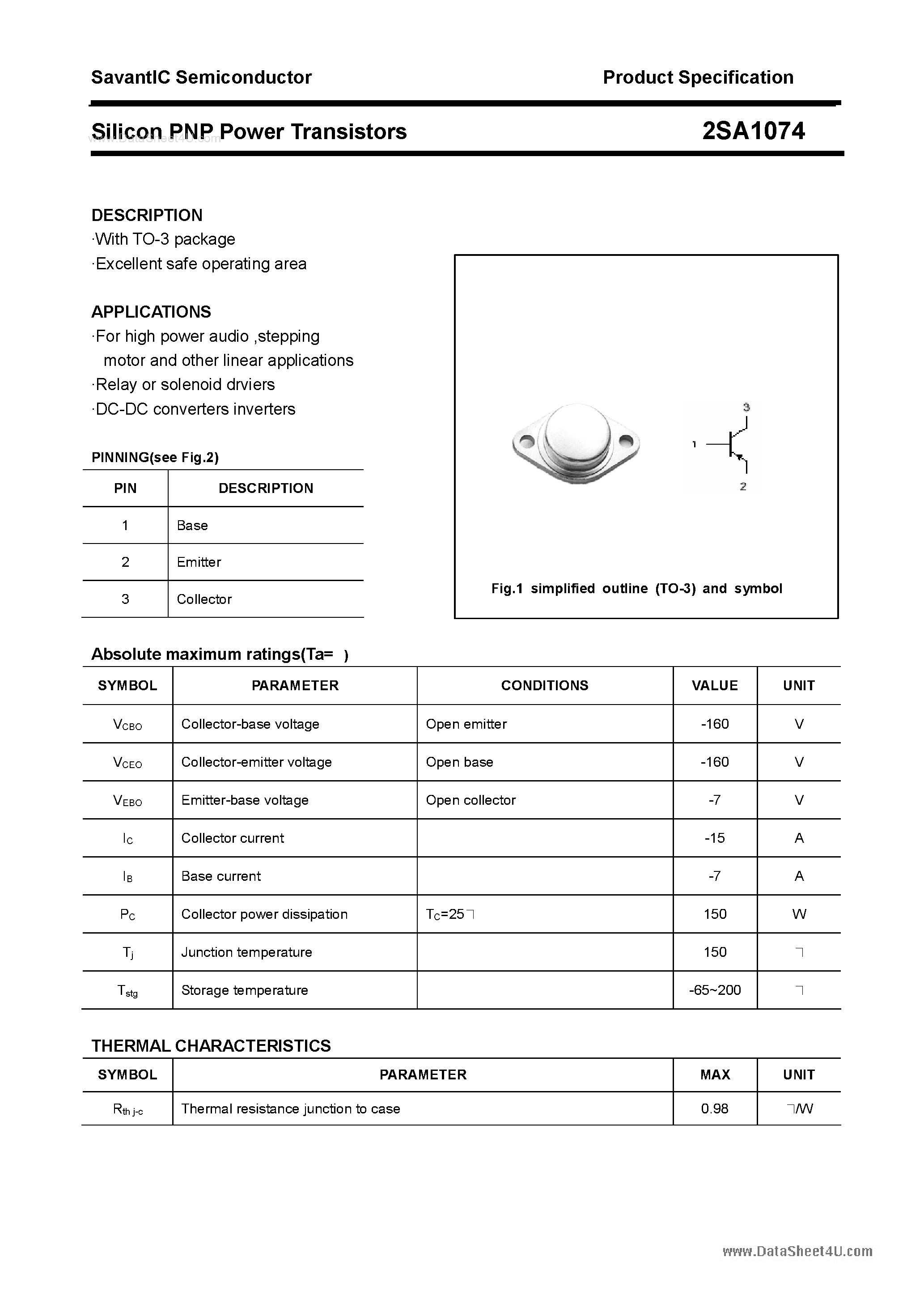 Datasheet 2SA1074 - SILICON POWER TRANSISTOR page 1