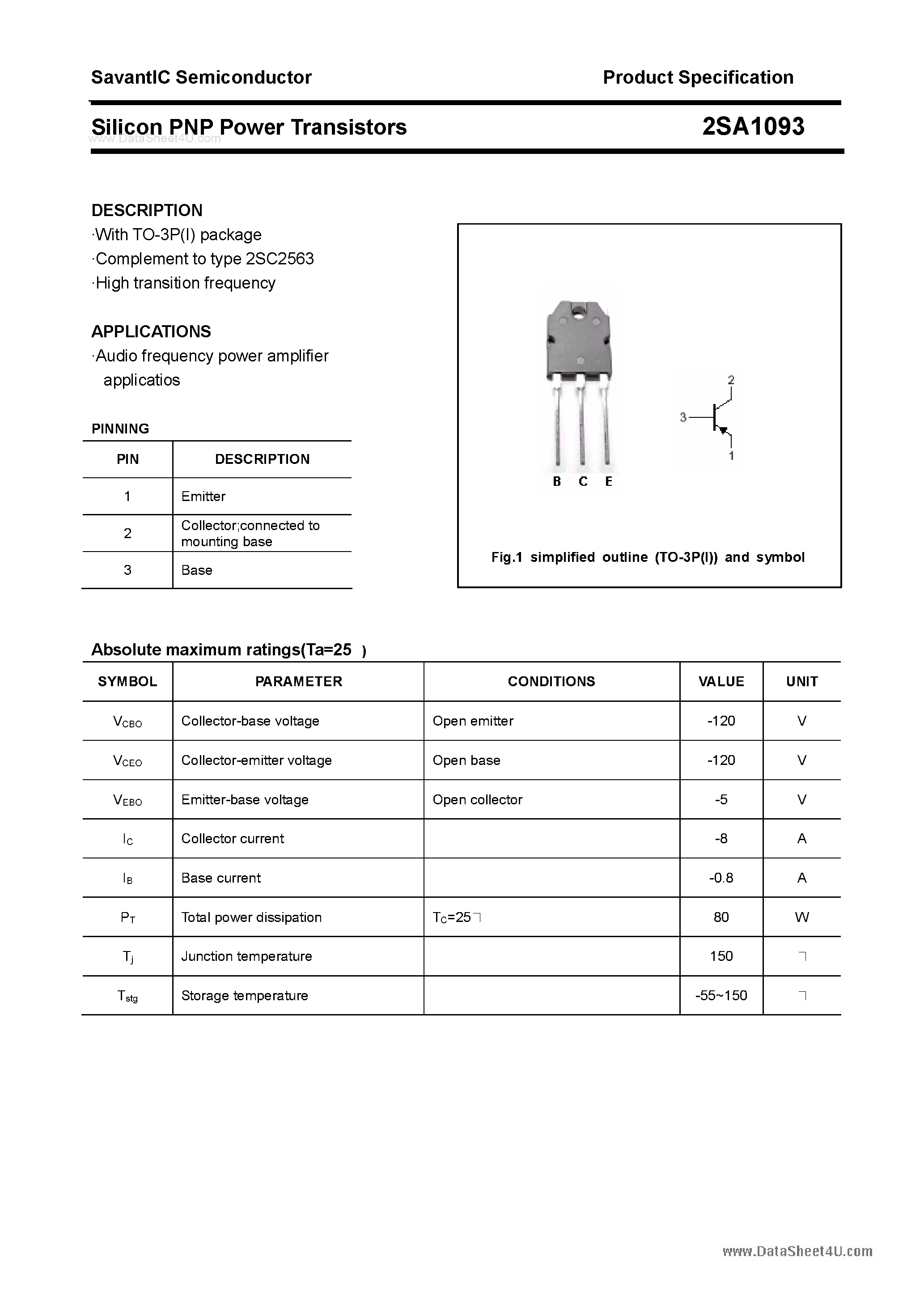 Datasheet 2SA1093 page 1 Datasheet 2SA1093 - SILICON POWER TRANSISTOR page 1