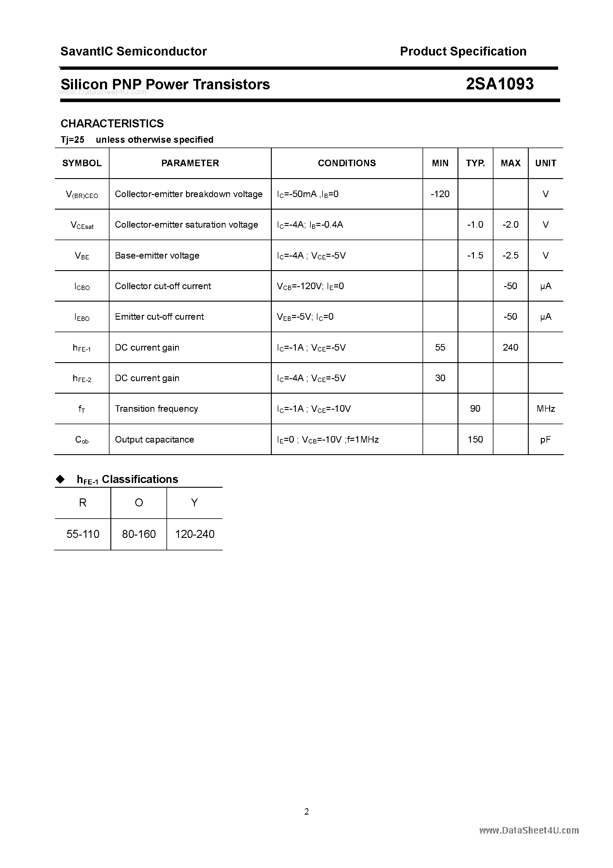 Datasheet 2SA1093 page 2 Datasheet 2SA1093 - SILICON POWER TRANSISTOR page 2