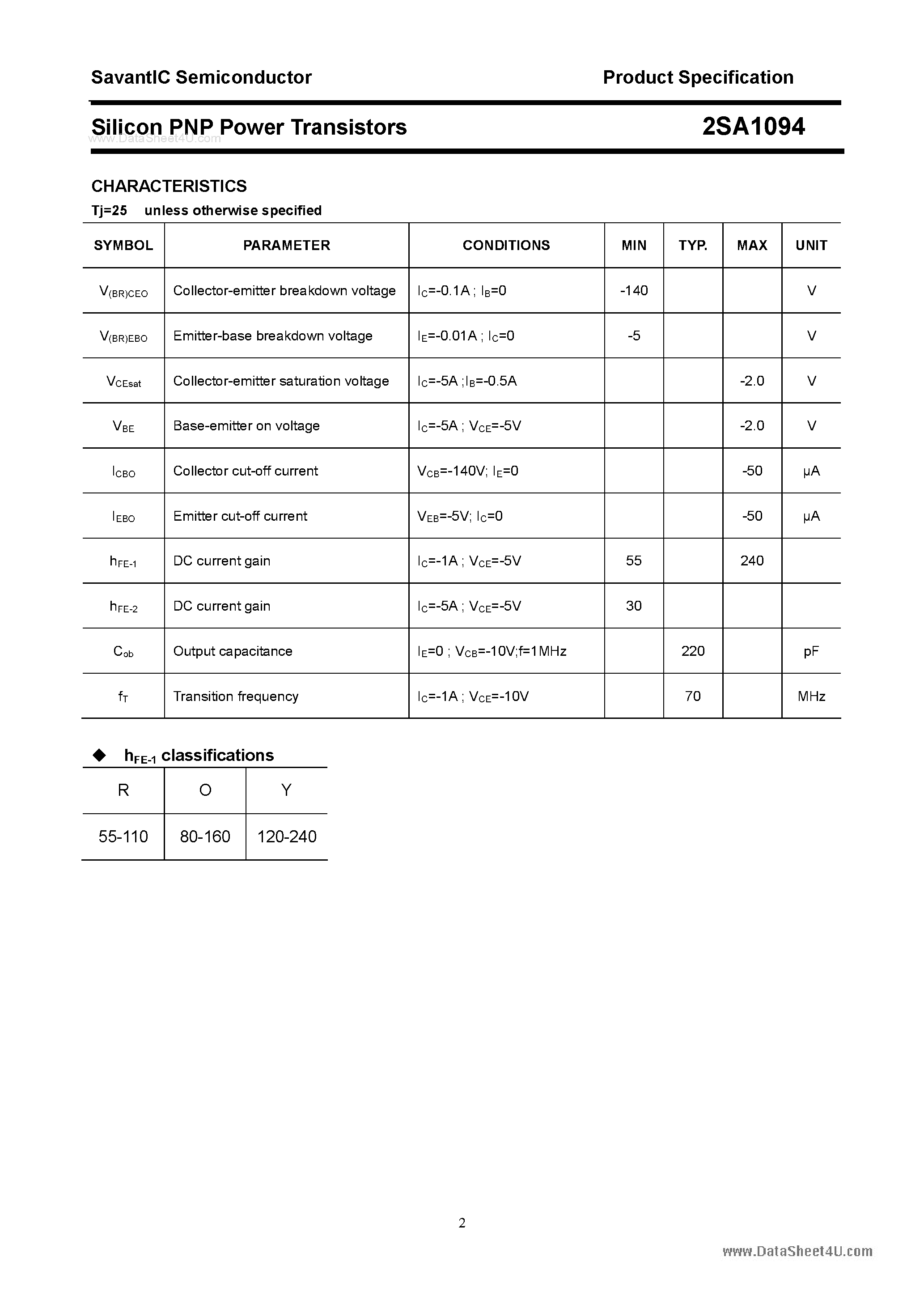 Datasheet 2SA1094 page 2 Datasheet 2SA1094 - SILICON POWER TRANSISTOR page 2