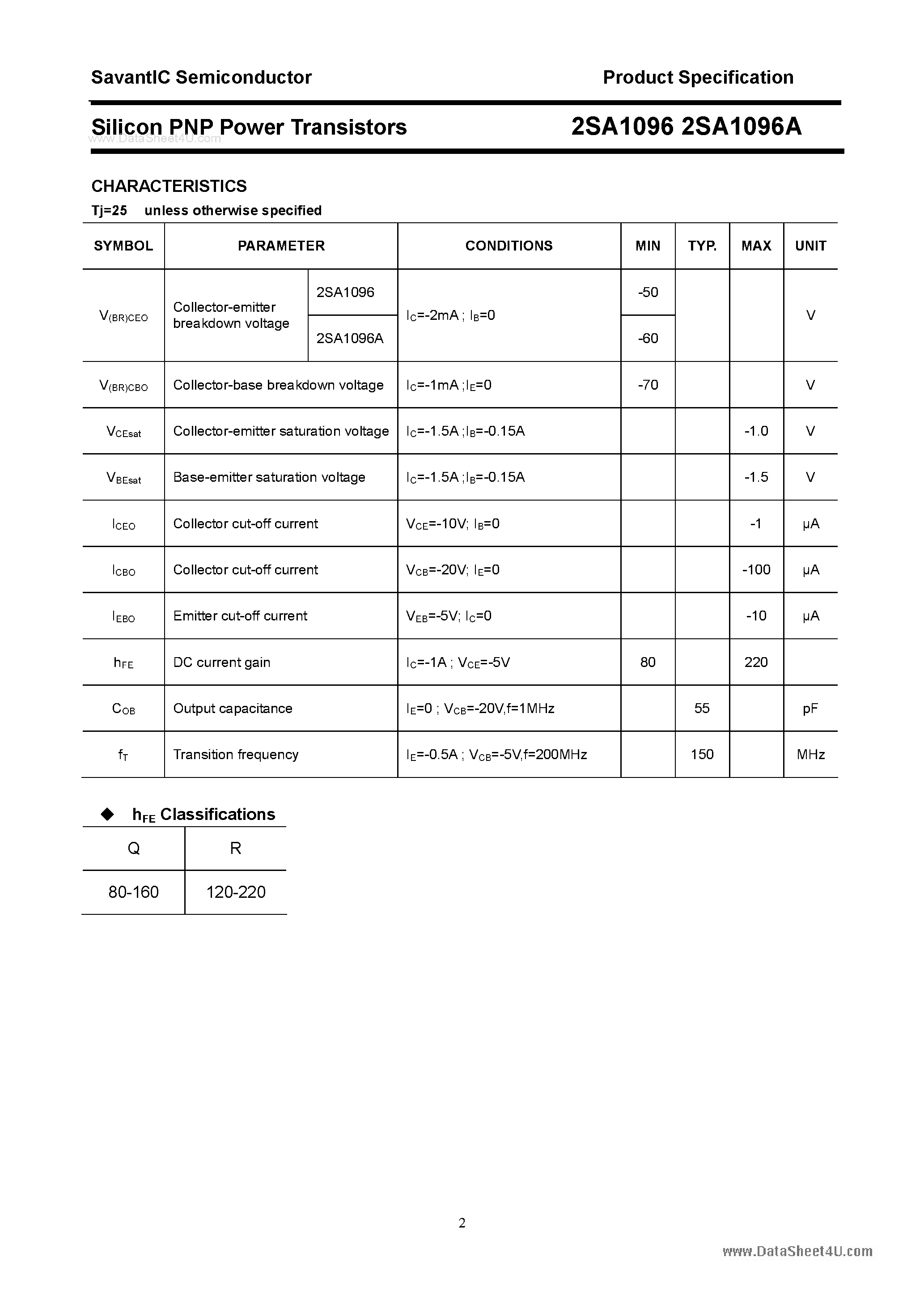 Datasheet 2SA1096 page 2 Datasheet 2SA1096 - SILICON POWER TRANSISTOR page 2