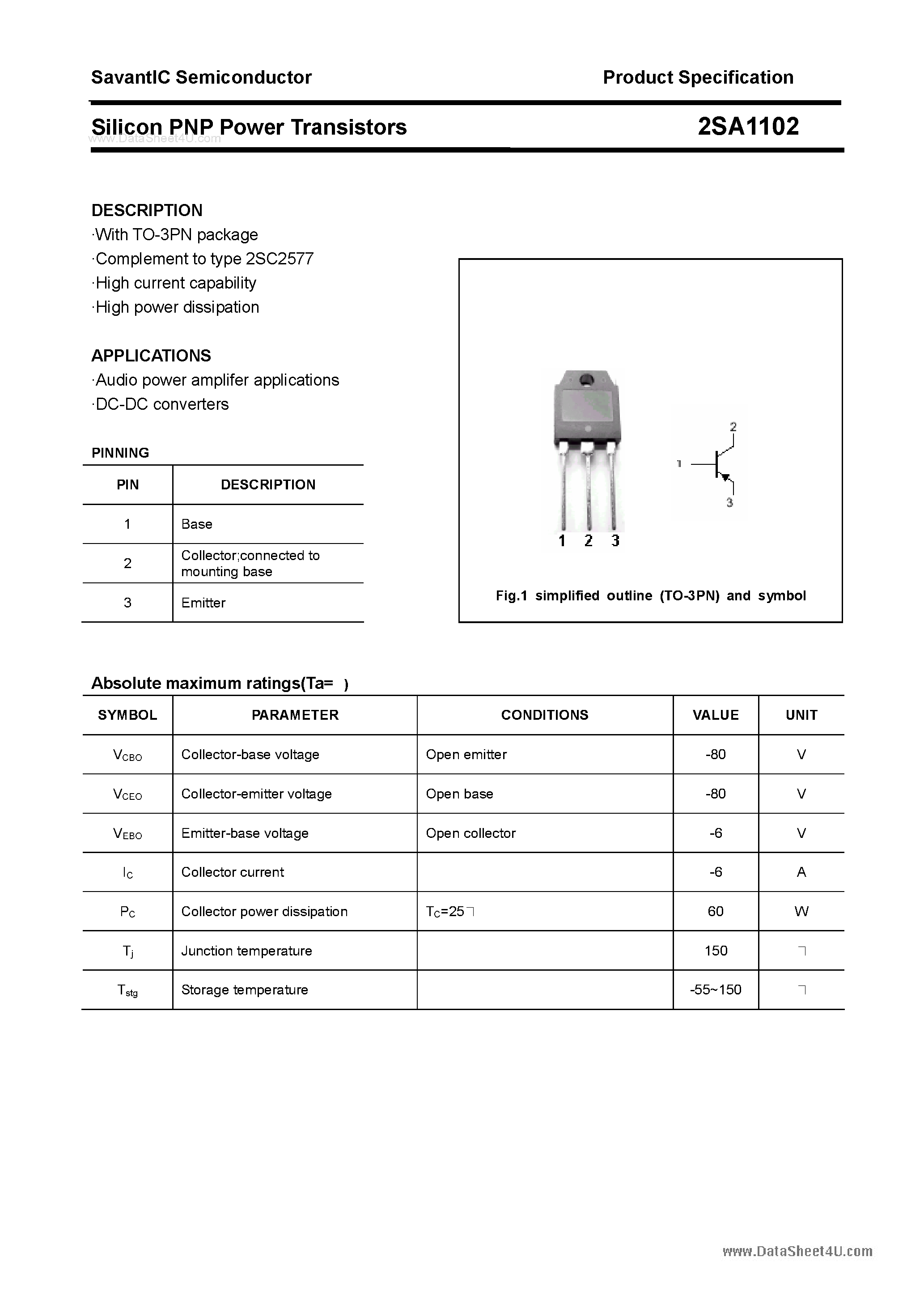 Datasheet 2SA1102 page 1 Datasheet 2SA1102 - SILICON POWER TRANSISTOR page 1