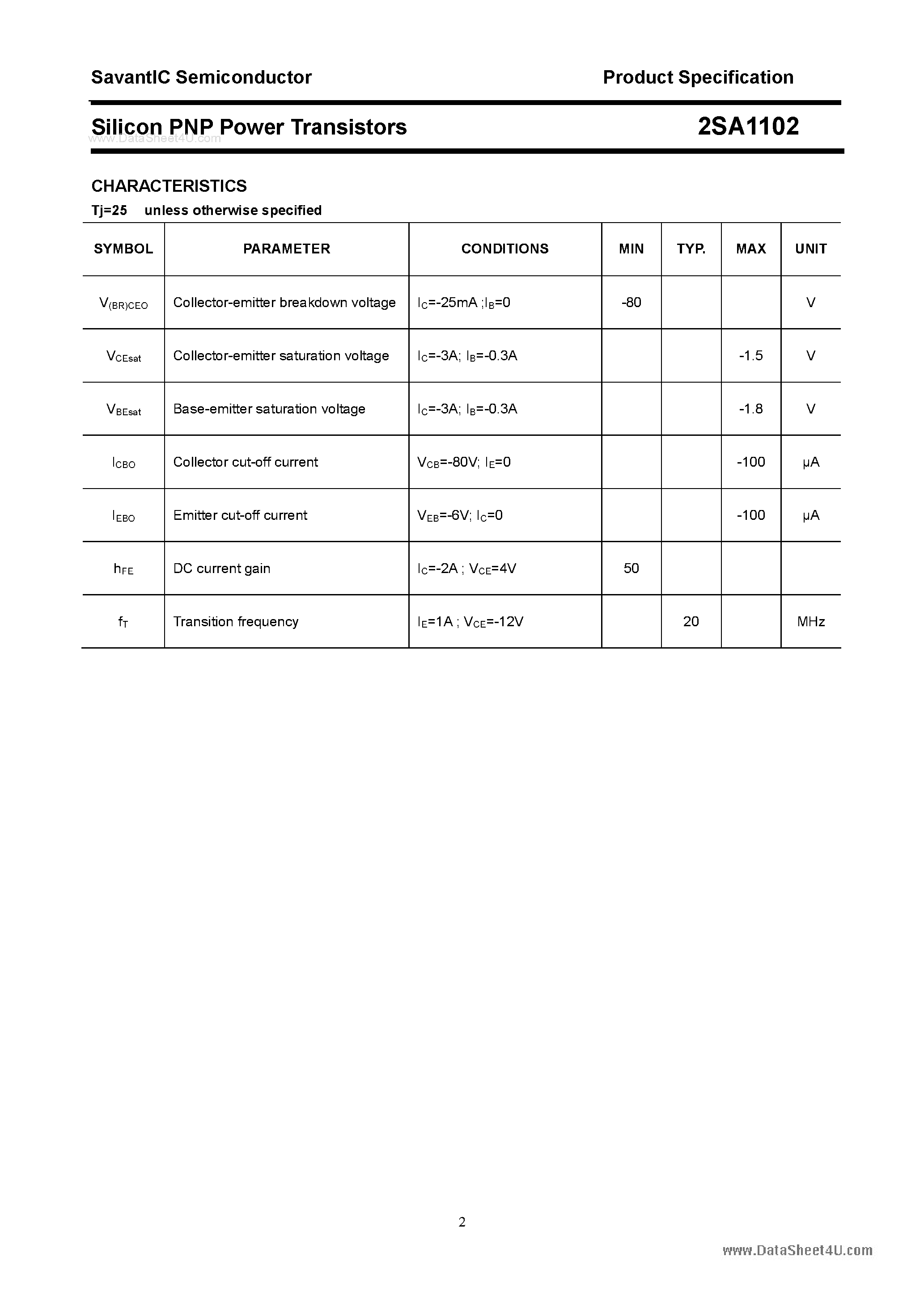 Datasheet 2SA1102 page 2 Datasheet 2SA1102 - SILICON POWER TRANSISTOR page 2