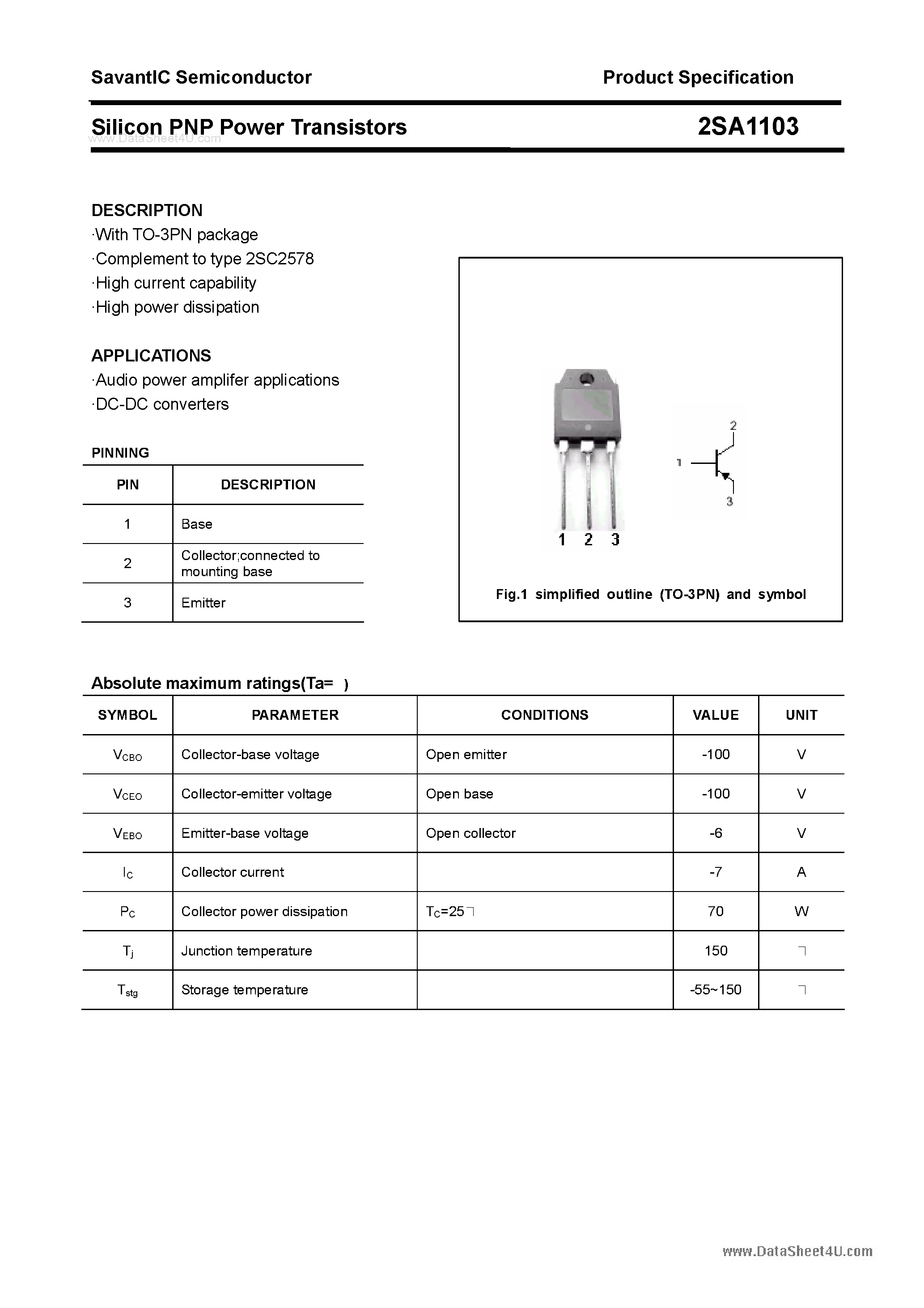 Datasheet 2SA1103 page 1 Datasheet 2SA1103 - SILICON POWER TRANSISTOR page 1