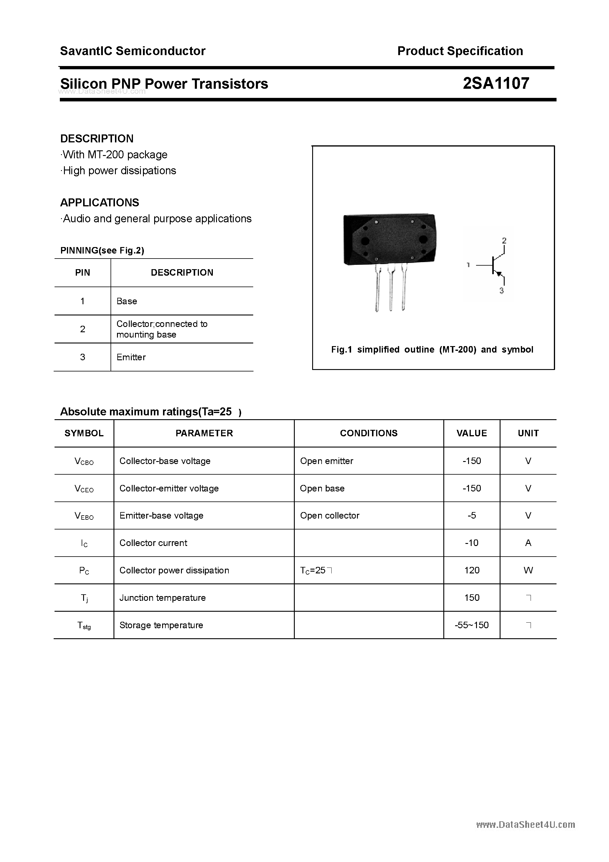 Datasheet 2SA1107 - SILICON POWER TRANSISTOR page 1